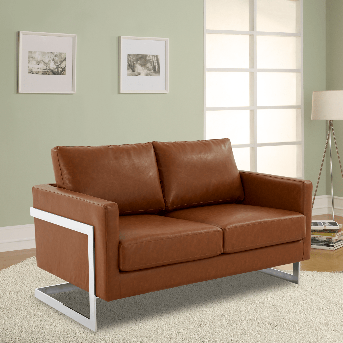 Lincoln Velvet/Leather Upholstered Loveseat with Gold/Black/Silver Steel Frame & Removable Cushions Leather Silver Cognac Tan Sofa Leisuremod