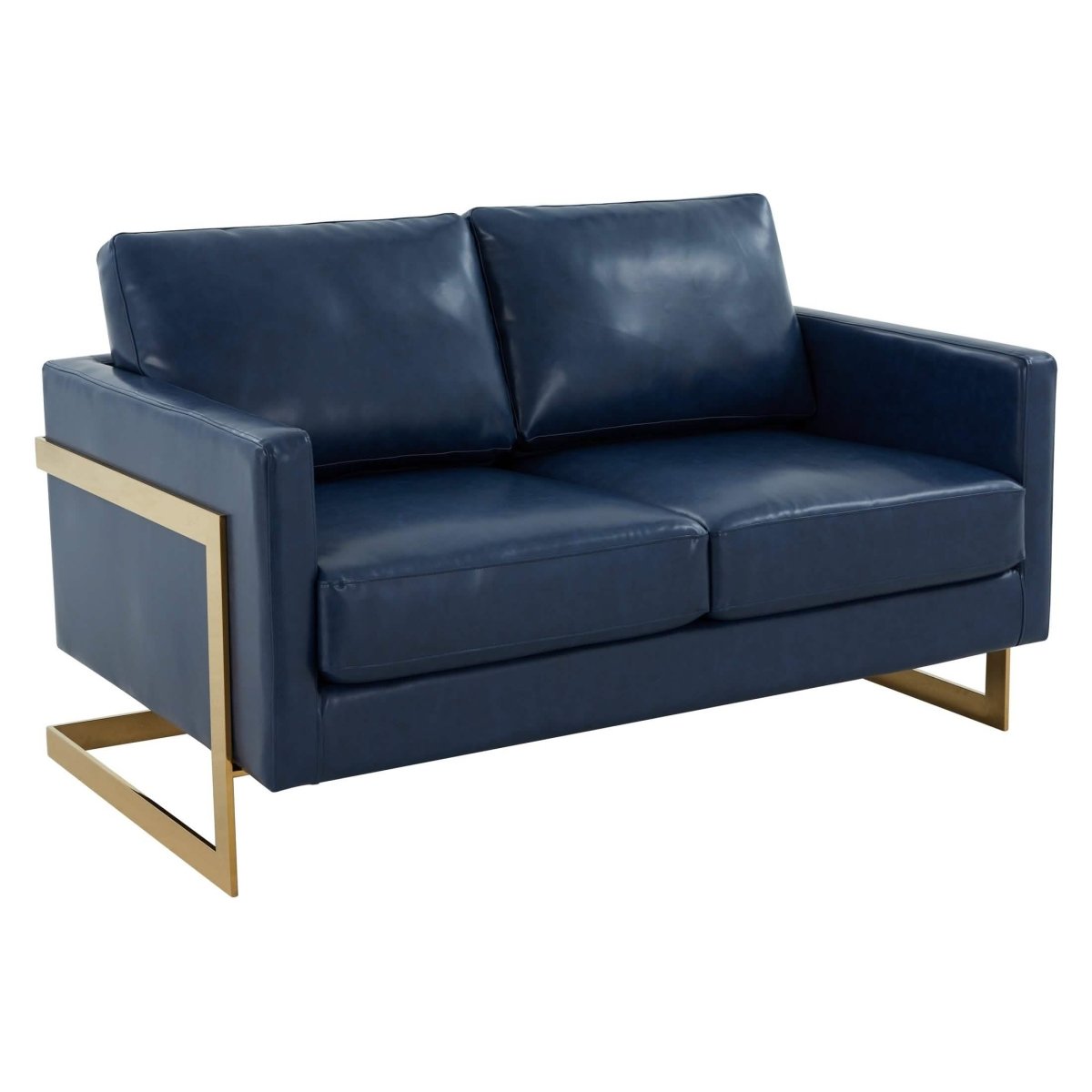 Lincoln Velvet/Leather Upholstered Loveseat with Gold/Black/Silver Steel Frame & Removable Cushions Leather Gold Navy Blue Sofa Leisuremod