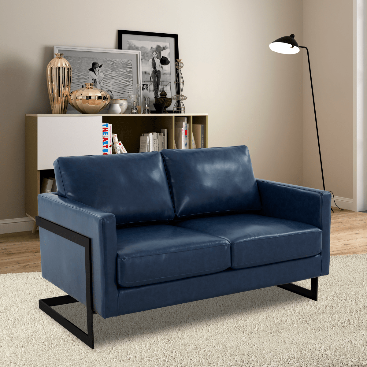 Lincoln Velvet/Leather Upholstered Loveseat with Gold/Black/Silver Steel Frame & Removable Cushions Leather Black Navy Blue Sofa Leisuremod