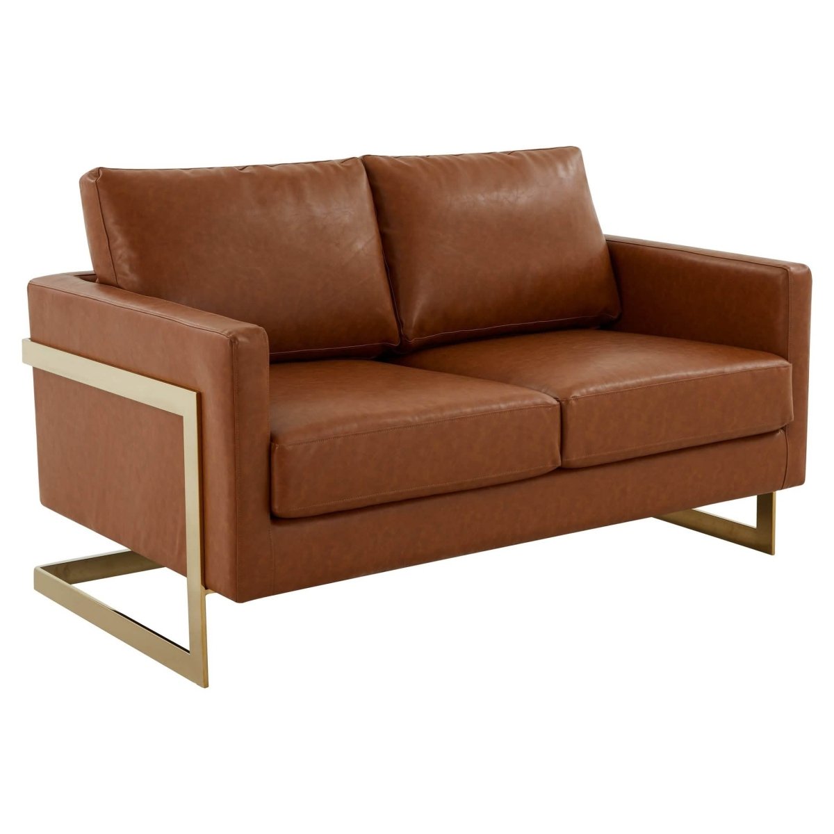 Lincoln Velvet/Leather Upholstered Loveseat with Gold/Black/Silver Steel Frame & Removable Cushions Leather Gold Cognac Tan Sofa Leisuremod