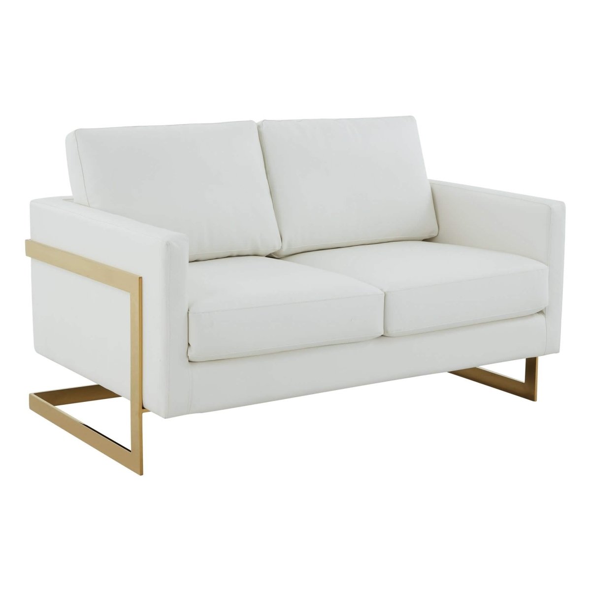 Lincoln Velvet/Leather Upholstered Loveseat with Gold/Black/Silver Steel Frame & Removable Cushions Leather Gold White Sofa Leisuremod