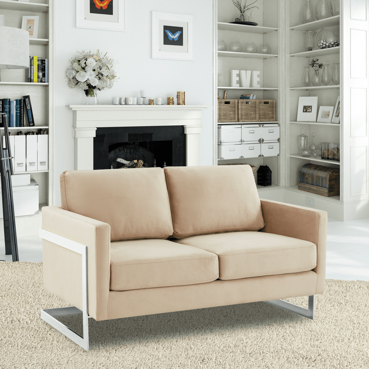 Lincoln Velvet/Leather Upholstered Loveseat with Gold/Black/Silver Steel Frame & Removable Cushions Velvet Silver Beige Sofa Leisuremod