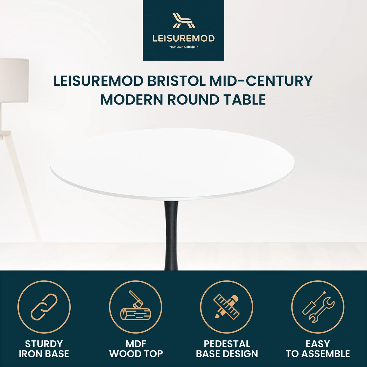 Bristol Modern Round Dining Table with Wood Top and Iron Pedestal Base - Elax Furniture