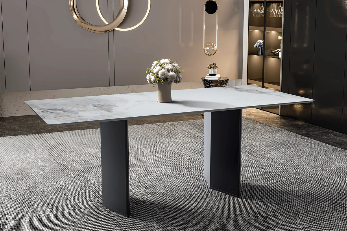 Lior Dining Table with Rectangular Glass/Sintered Stone Tabletop and Black Steel Legs - Elax Furniture