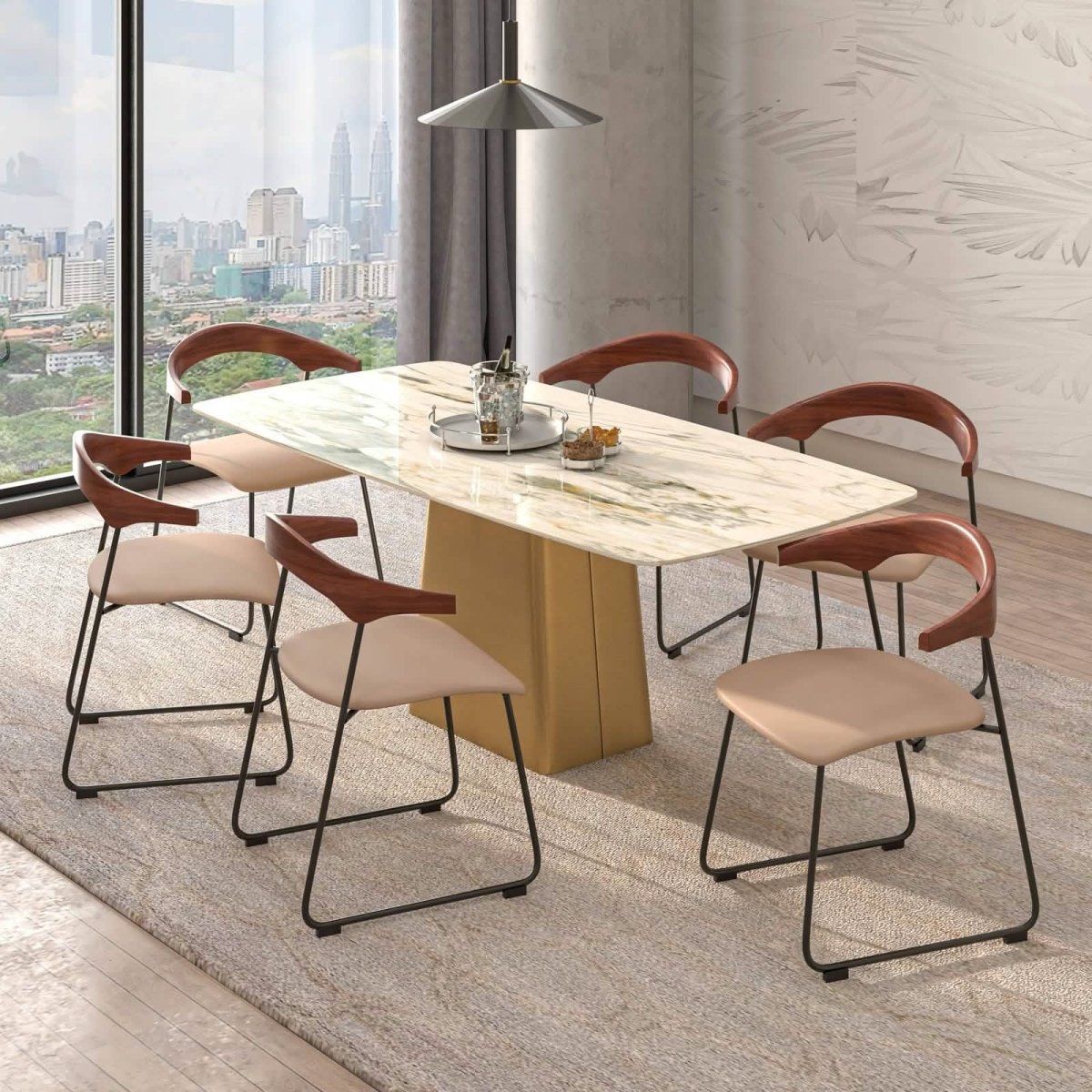 Lyra Leather Dining Chair with a Beech Wood Curved Back and Iron Legs Dark Wood Taupe Dining Chair Leisuremod