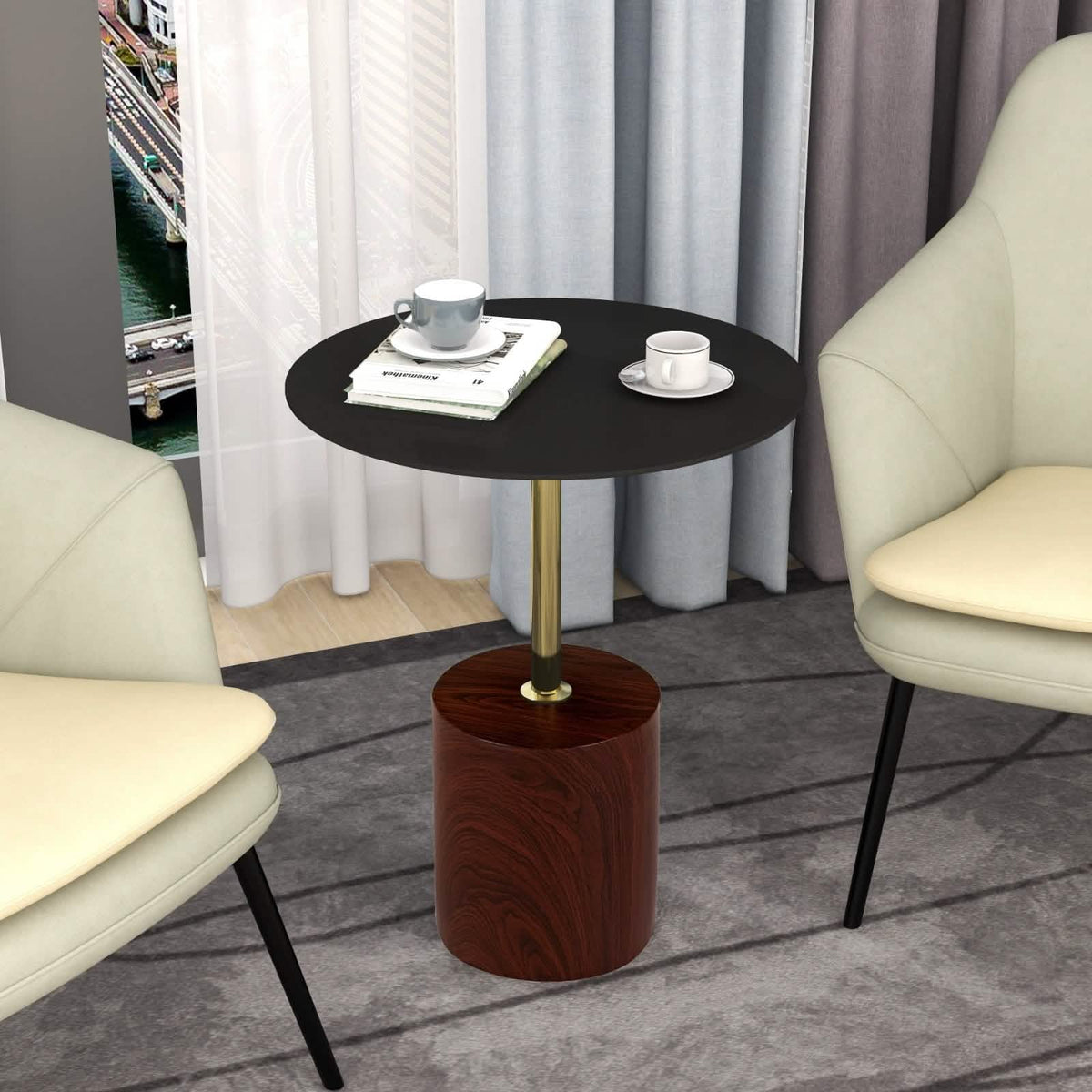 Malta Round Side Table Modern Accent End Table with Stainless Steel Pedestal Base Brown Side Table LeisureMod