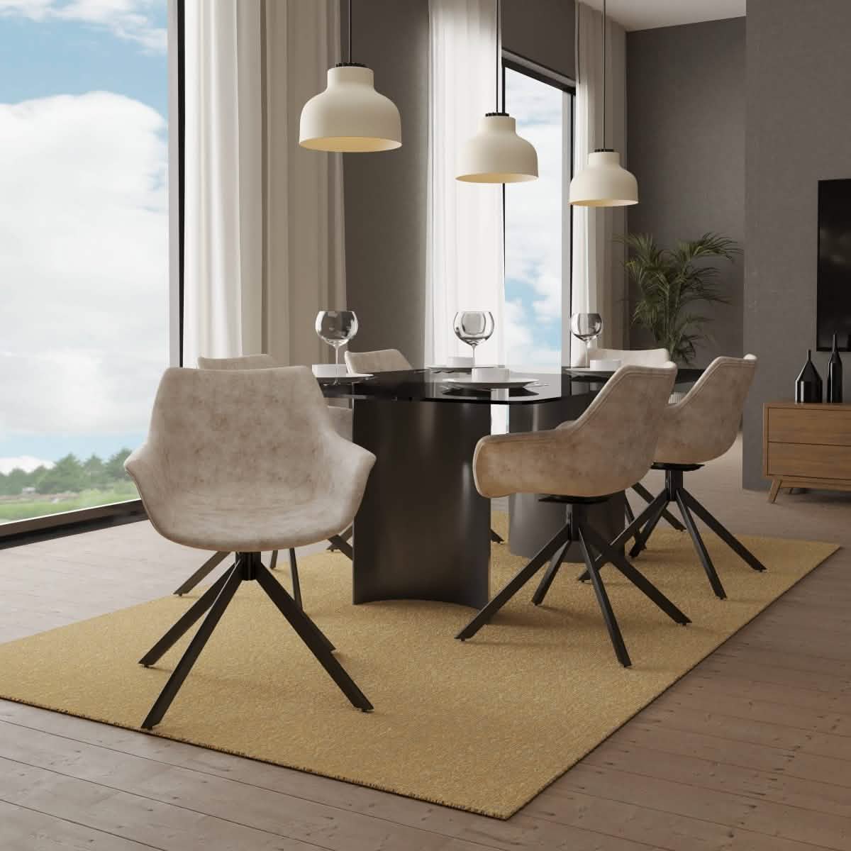 Markley Dining Chair Upholstered in Leather 360-Degree Swivel Armchair Taupe Dining Chair Leisuremod