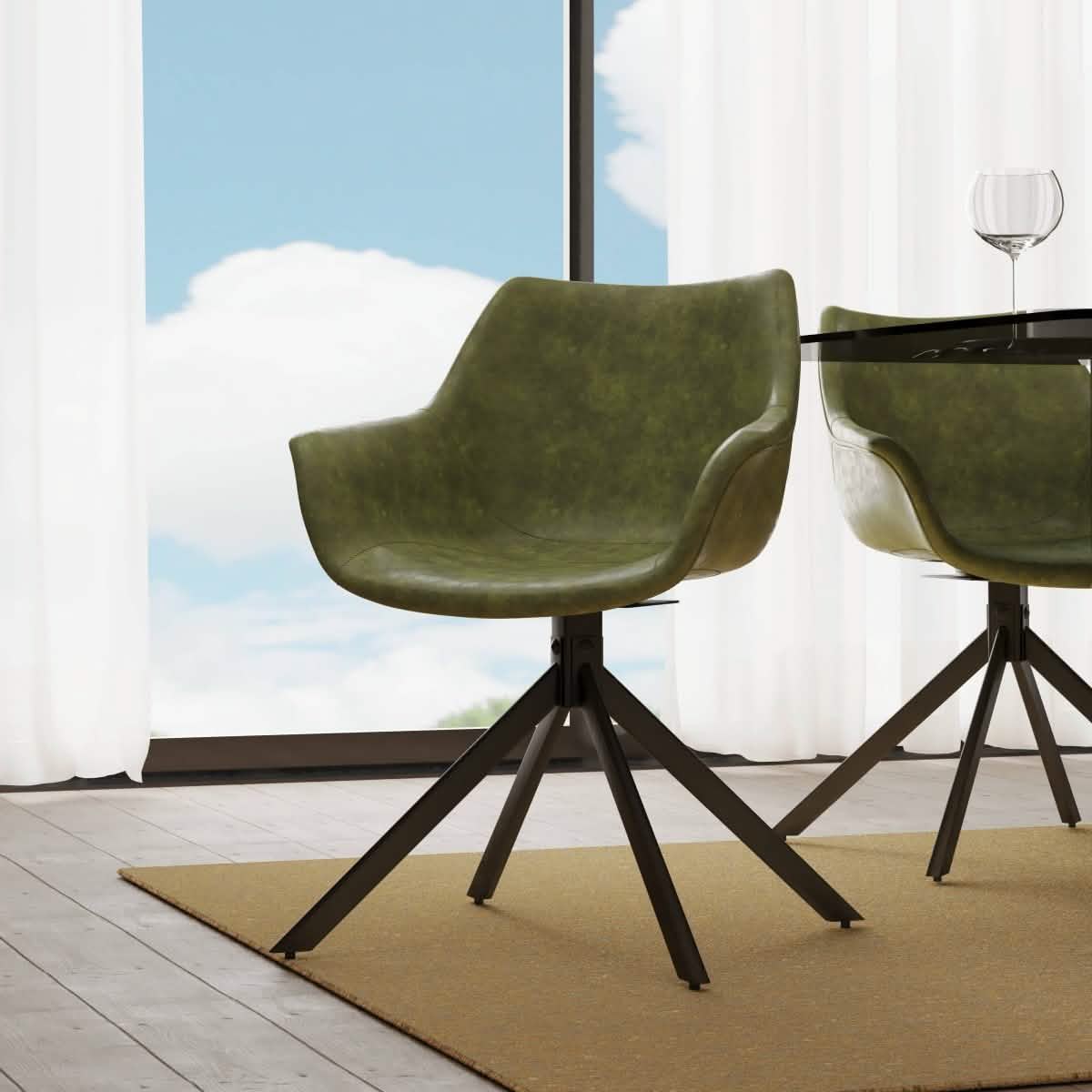 Markley Dining Chair Upholstered in Leather 360-Degree Swivel Armchair Green Dining Chair Leisuremod