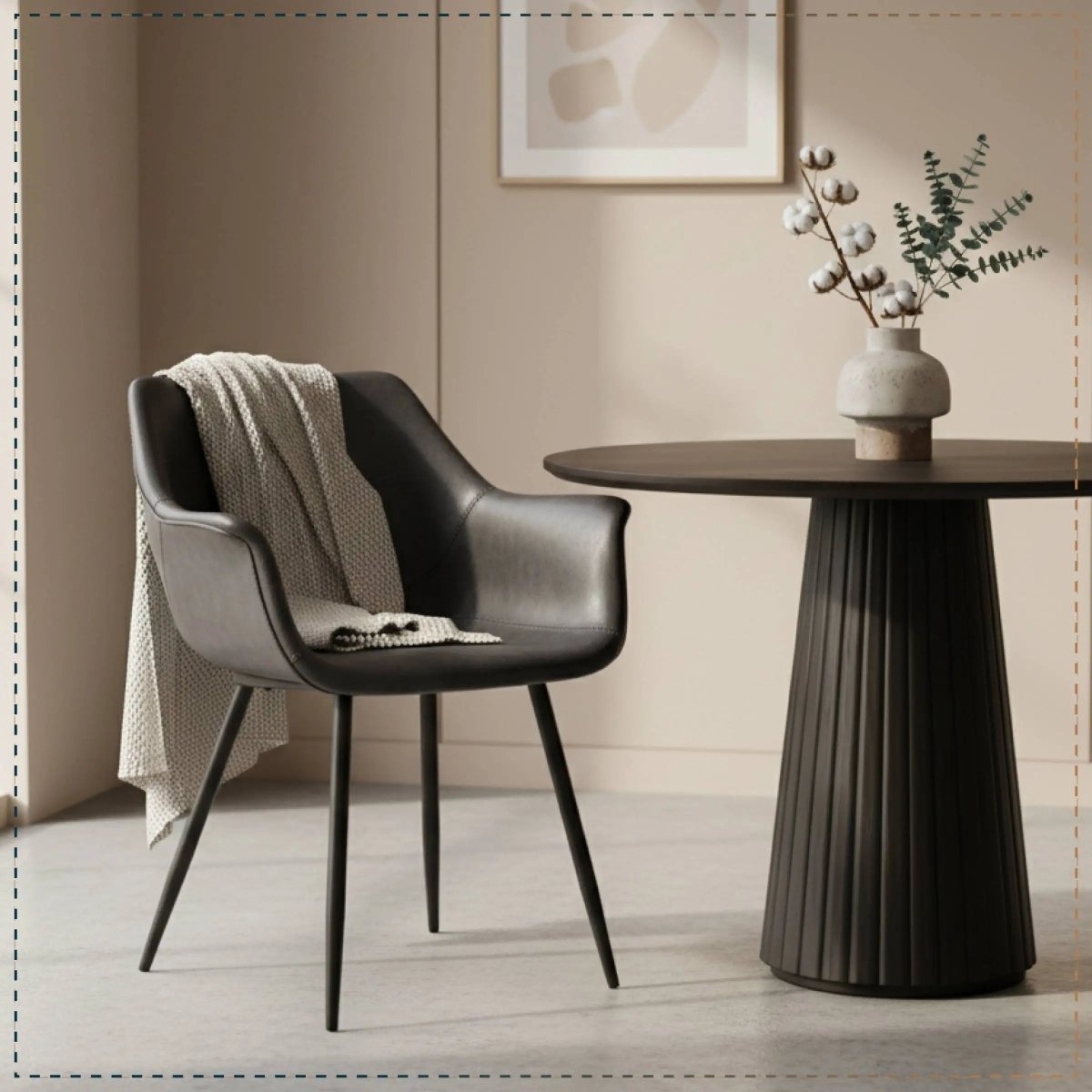 Markley Leather Dining Chair with Powder-Coated Iron Legs Charcoal Black CHAIR Leisuremod