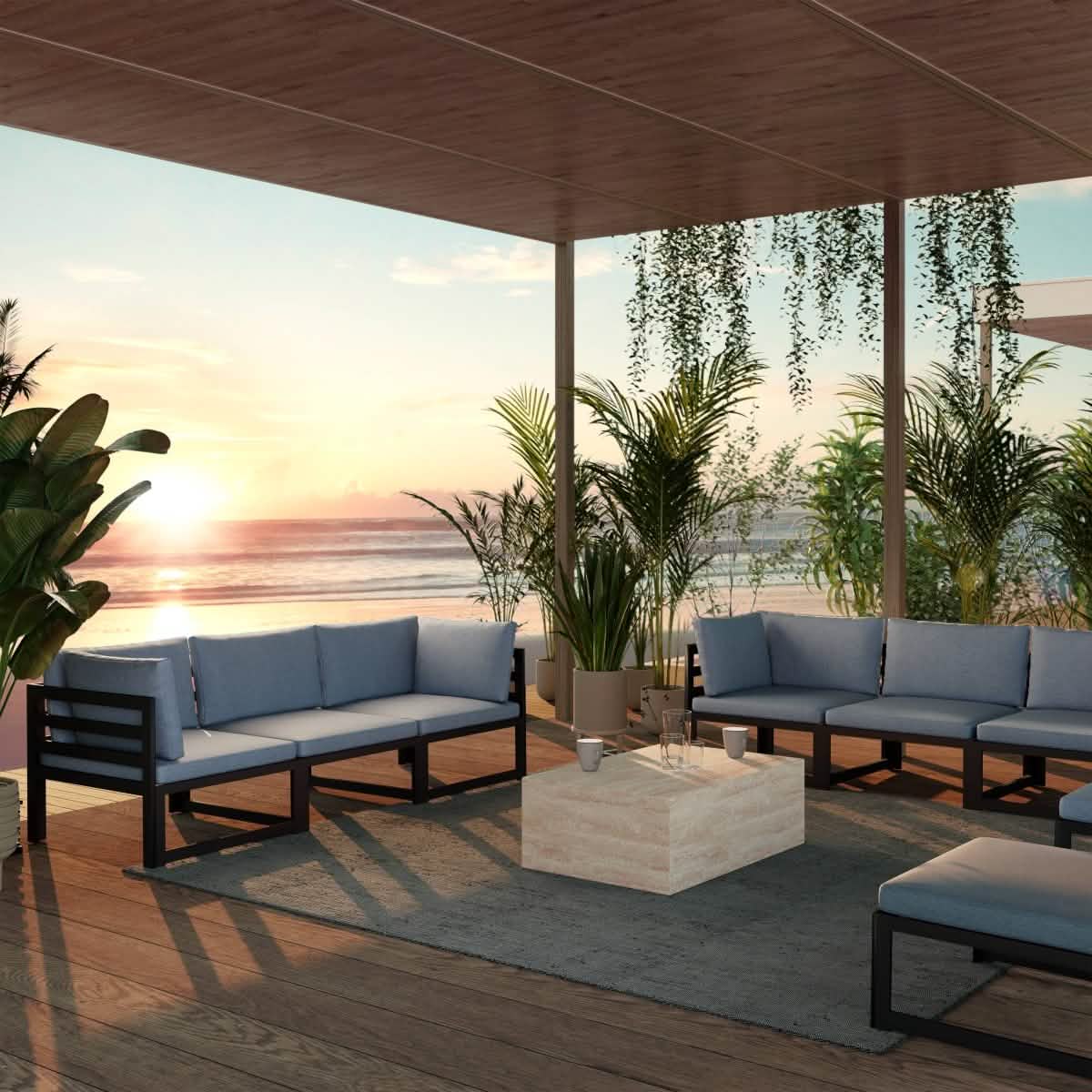 Maya Collection Fiberstone Outdoor/Indoor Rectangular Coffee Table in Travertine Travertine Side Table Leisuremod