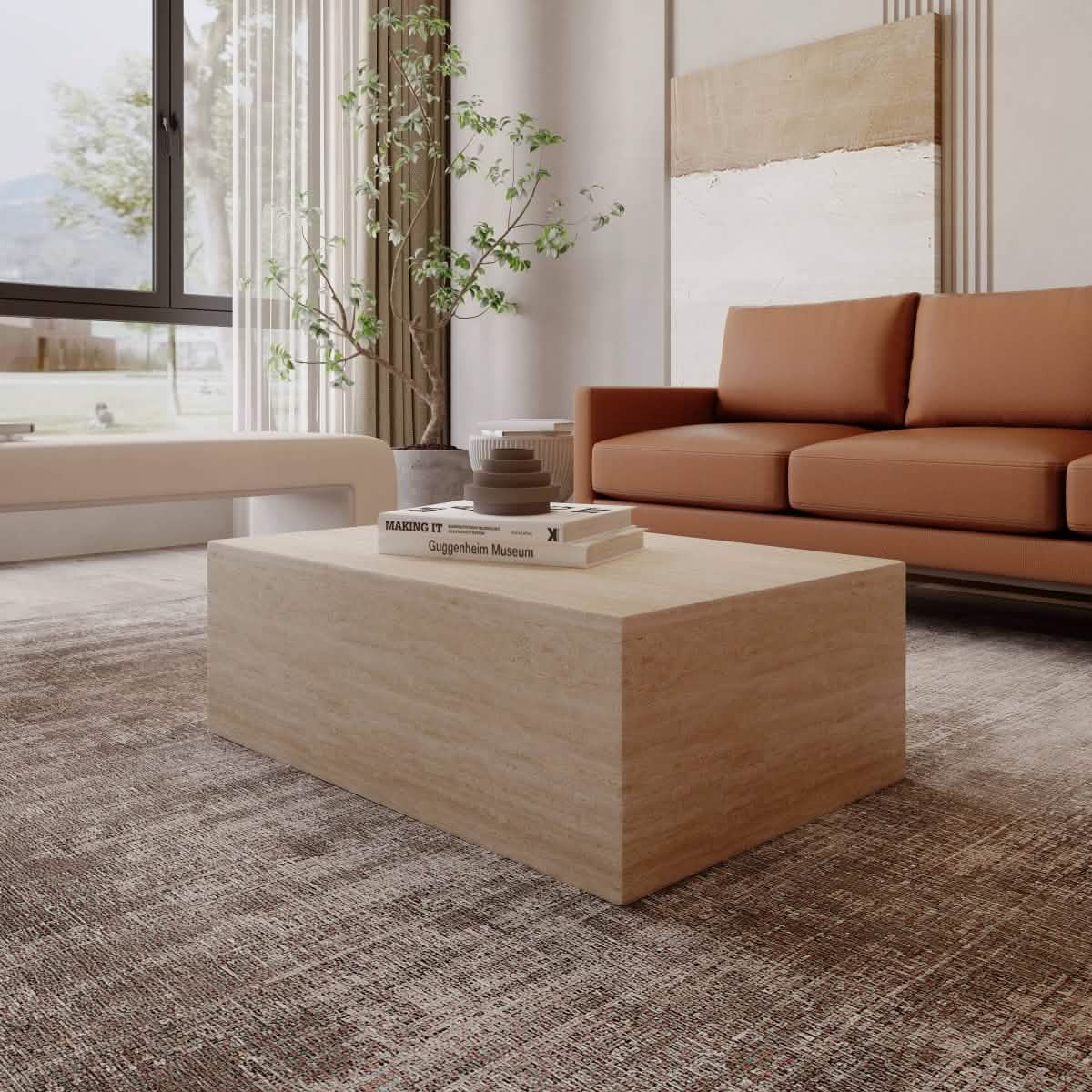Maya Collection Fiberstone Outdoor/Indoor Rectangular Coffee Table in Travertine Travertine Side Table Leisuremod
