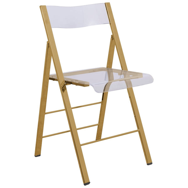 Menno Folding Dining Chair in Gold/Silver/Black Stainless Steel Frame and Base Gold Clear Dining Chair Leisuremod