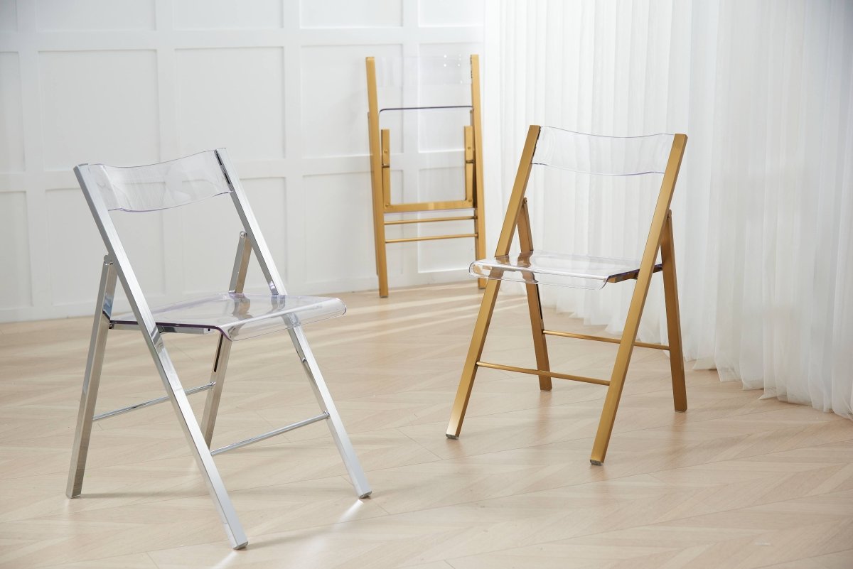 Menno Folding Dining Chair in Gold/Silver/Black Stainless Steel Frame and Base Brushed Gold Clear Dining Chair Leisuremod
