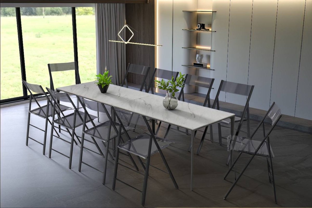 Menno Folding Dining Chair in Gold/Silver/Black Stainless Steel Frame and Base Black Transparent Black Dining Chair Leisuremod