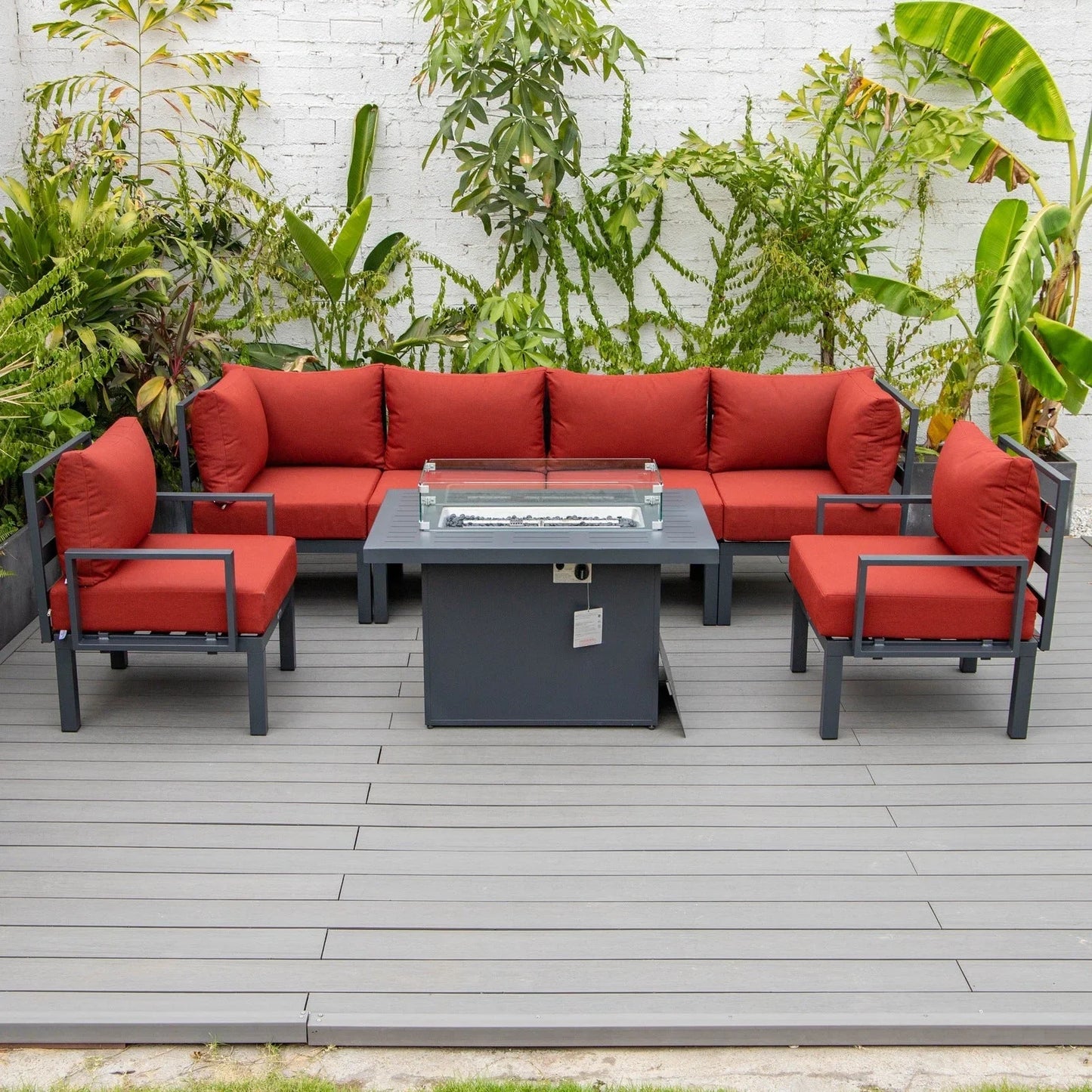 Chelsea 7-Piece Patio Sectional Set in Black Aluminum with Fire Pit Table - Elax Furniture
