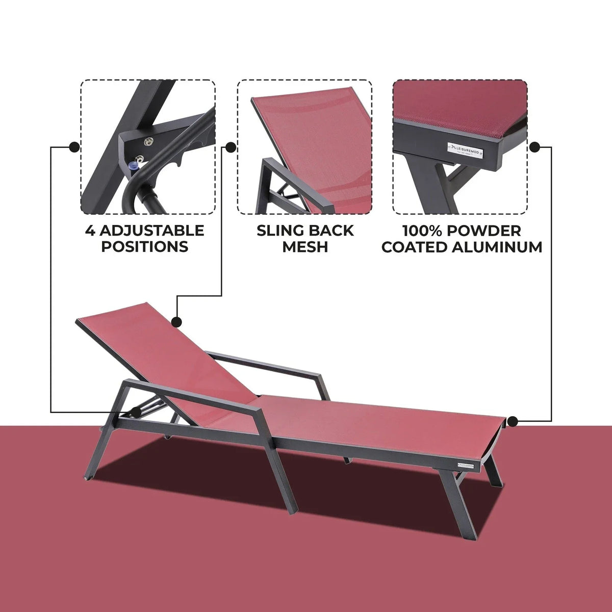Marlin Patio Chaise Lounge Chair with Armrests in Black Aluminum Frame, Set of 2 - Elax Furniture