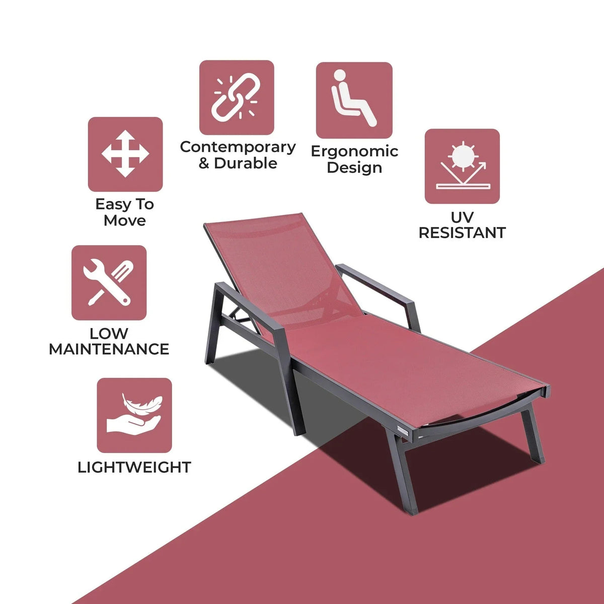 Marlin Patio Chaise Lounge Chair with Armrests in Black Aluminum Frame, Set of 2 - Elax Furniture