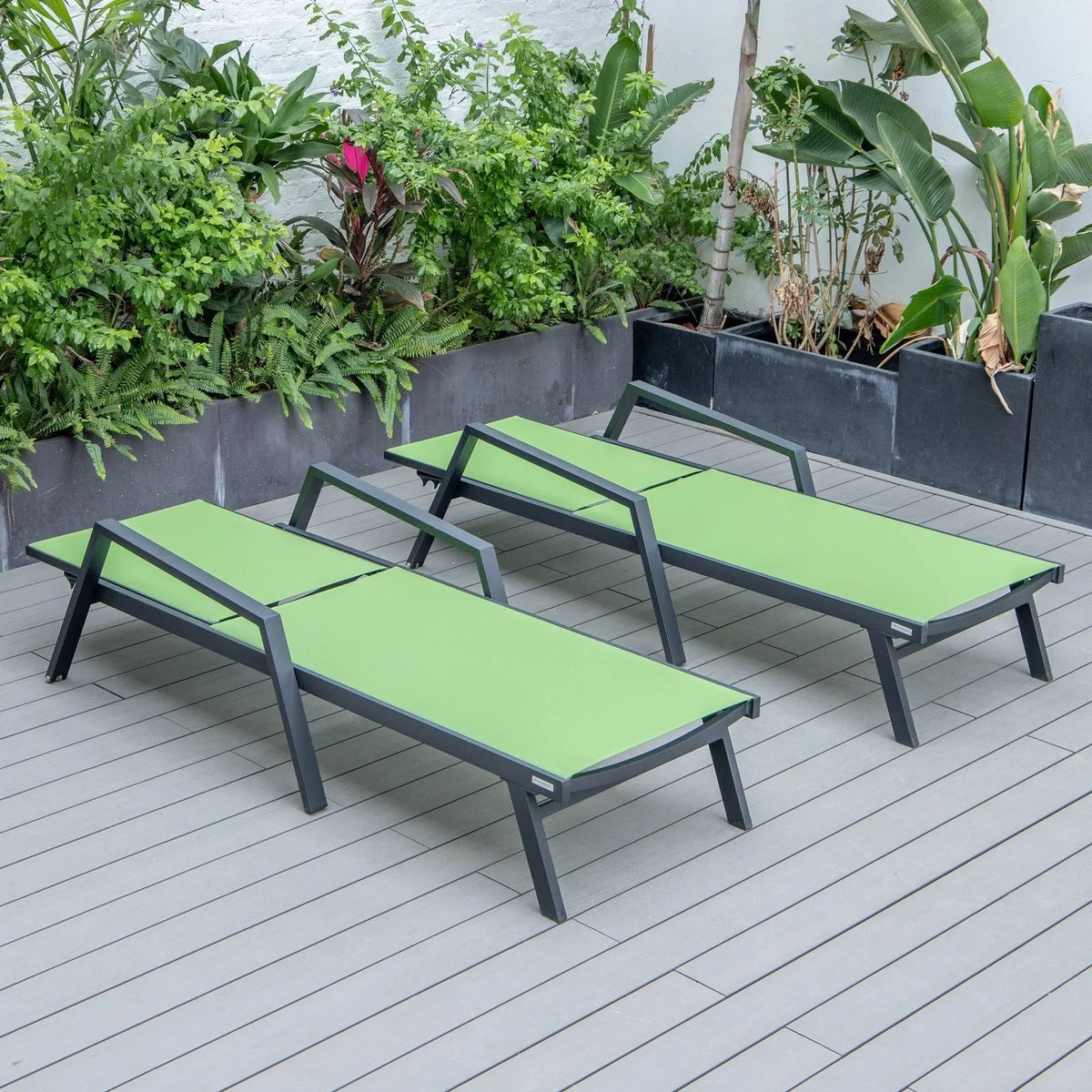 Marlin Patio Chaise Lounge Chair with Armrests in Black Aluminum Frame, Set of 2 - Elax Furniture
