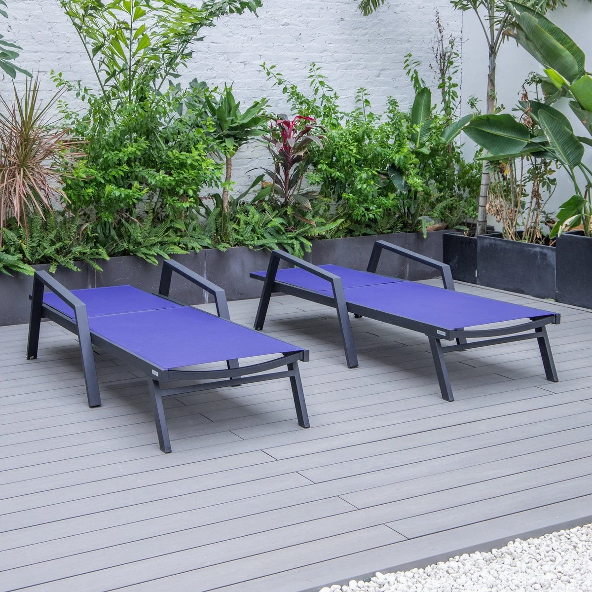 Marlin Patio Chaise Lounge Chair with Armrests in Black Aluminum Frame, Set of 2 - Elax Furniture