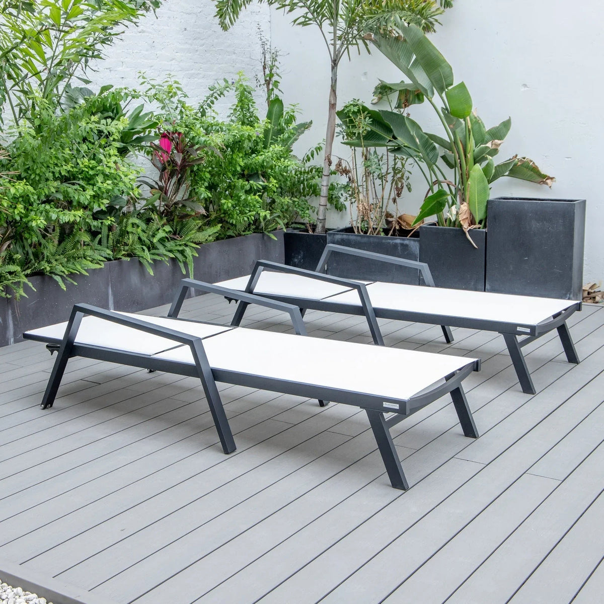 Marlin Patio Chaise Lounge Chair with Armrests in Black Aluminum Frame, Set of 2 - Elax Furniture