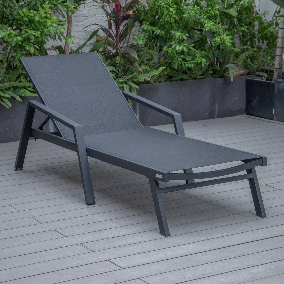 Marlin Modern Black Aluminum Outdoor Chaise Lounge Chair Set of 2 With Arms and Square Fire Pit Side Table for Patio - Elax Furniture
