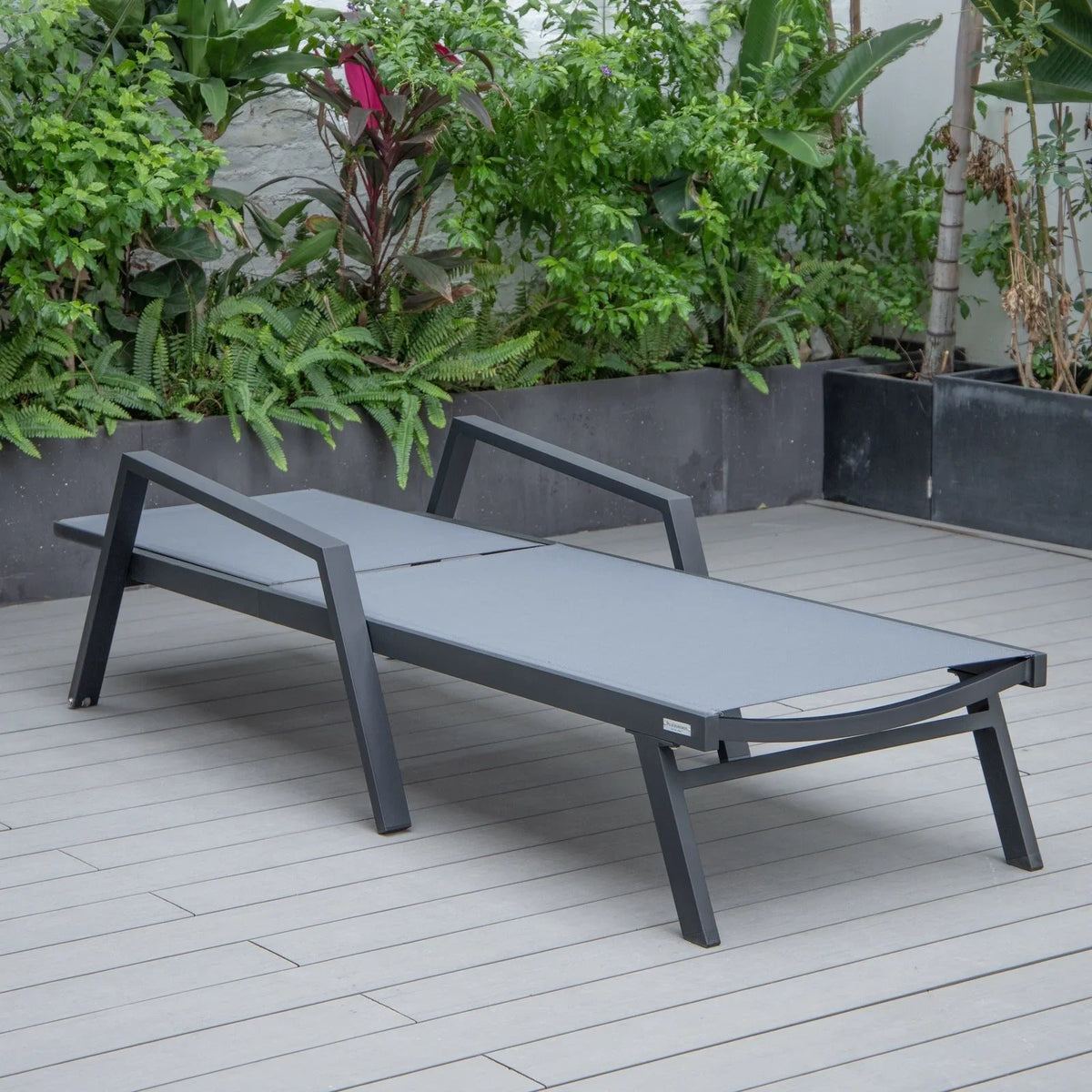 Marlin Modern Black Aluminum Outdoor Chaise Lounge Chair Set of 2 With Arms and Square Fire Pit Side Table for Patio - Elax Furniture