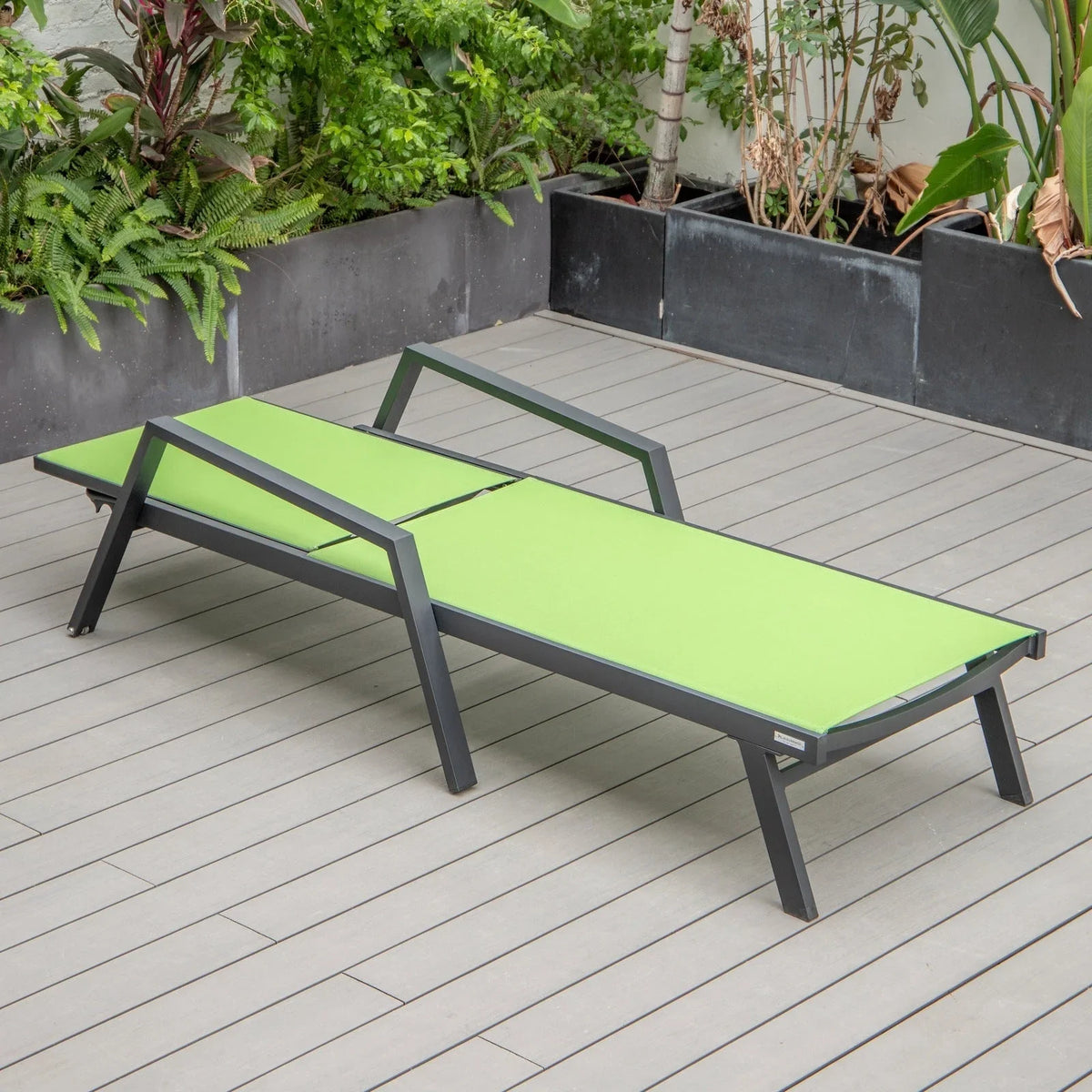 Marlin Modern Black Aluminum Outdoor Chaise Lounge Chair Set of 2 With Arms and Square Fire Pit Side Table for Patio - Elax Furniture