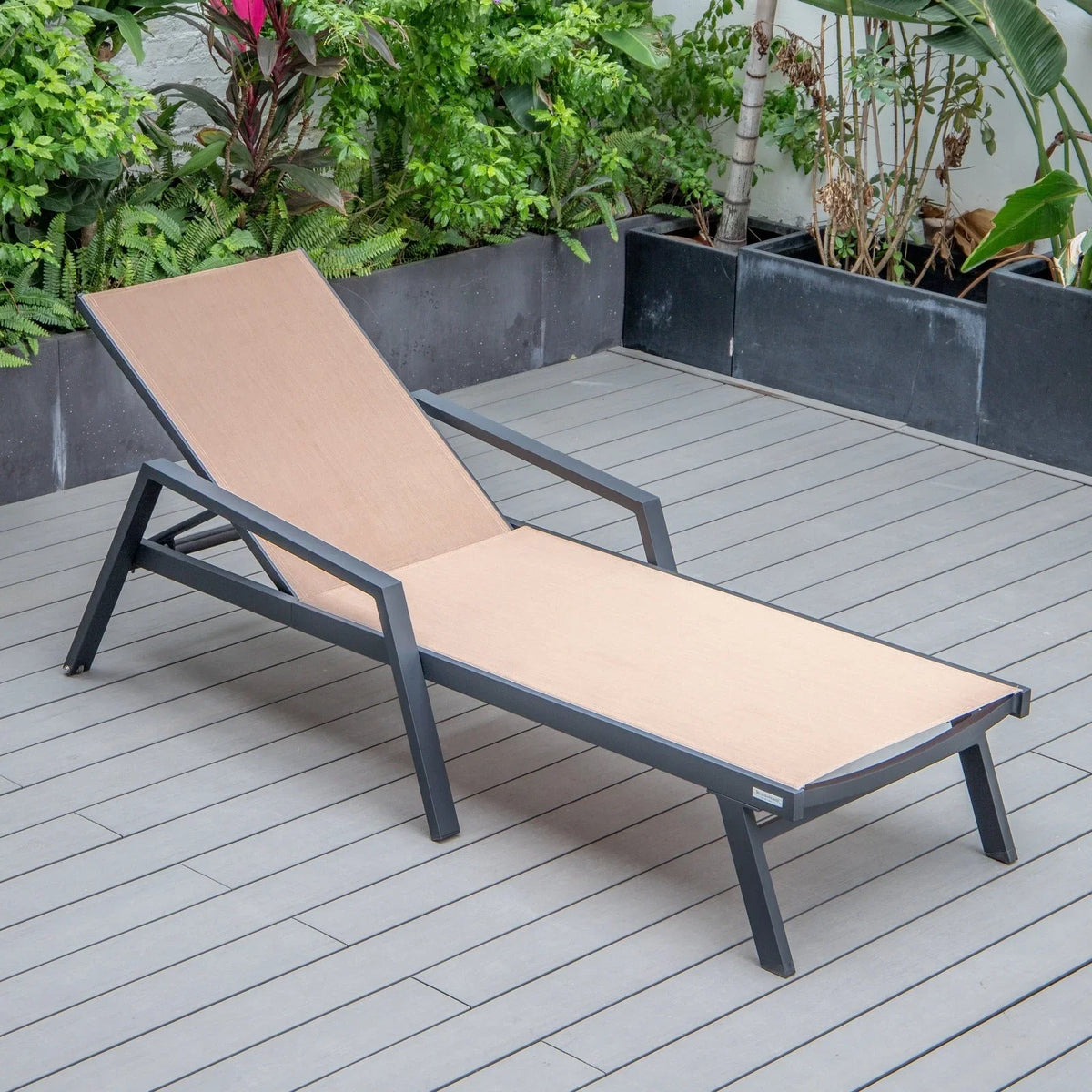 Marlin Modern Black Aluminum Outdoor Chaise Lounge Chair Set of 2 With Arms and Square Fire Pit Side Table for Patio - Elax Furniture