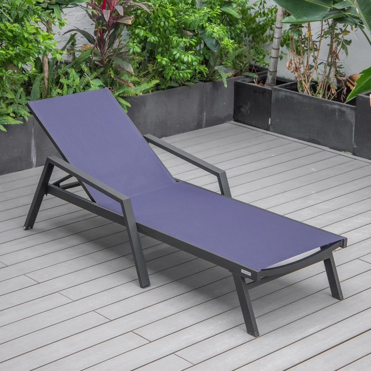 Marlin Modern Black Aluminum Outdoor Chaise Lounge Chair Set of 2 With Arms and Square Fire Pit Side Table for Patio - Elax Furniture