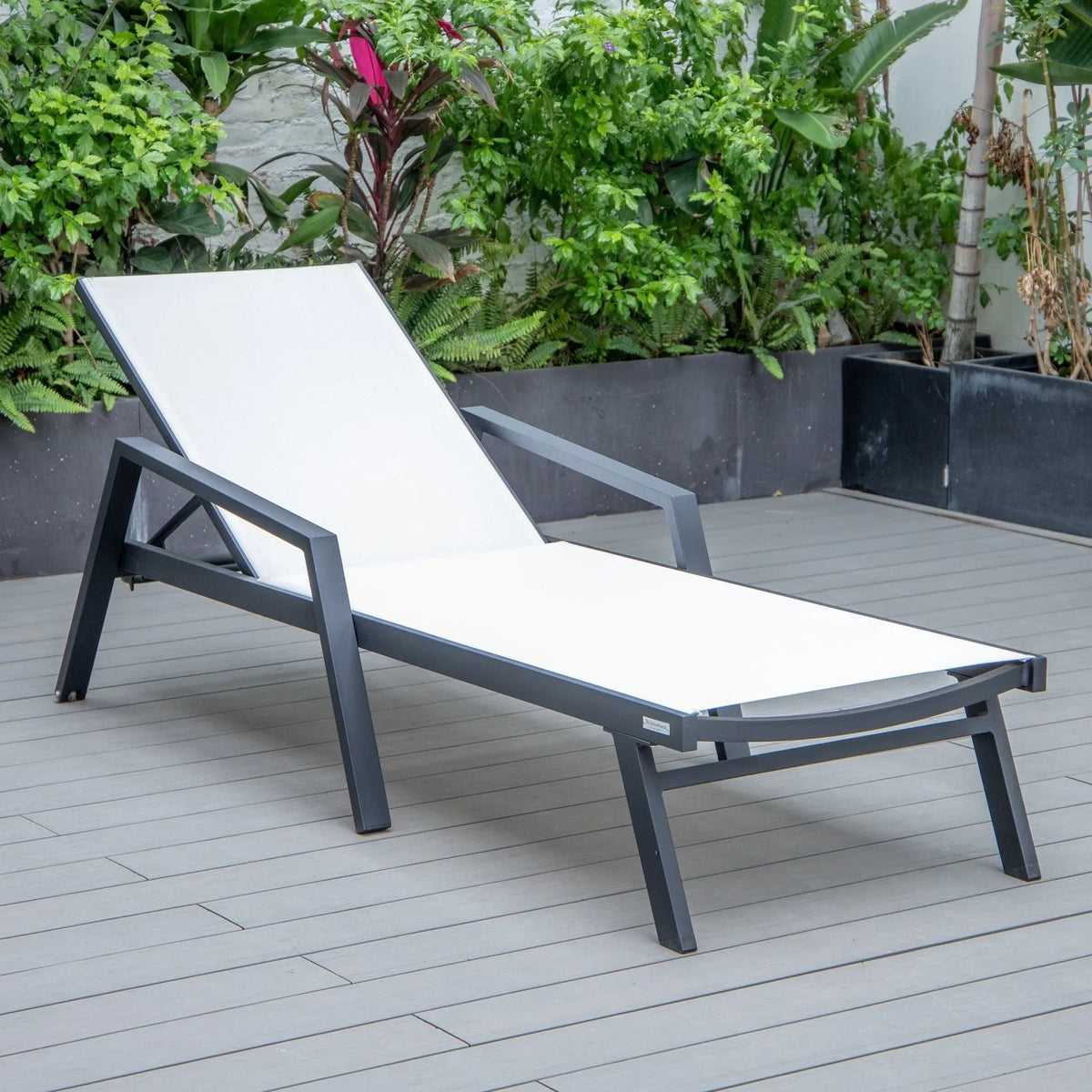 Marlin Modern Black Aluminum Outdoor Chaise Lounge Chair Set of 2 With Arms and Square Fire Pit Side Table for Patio - Elax Furniture