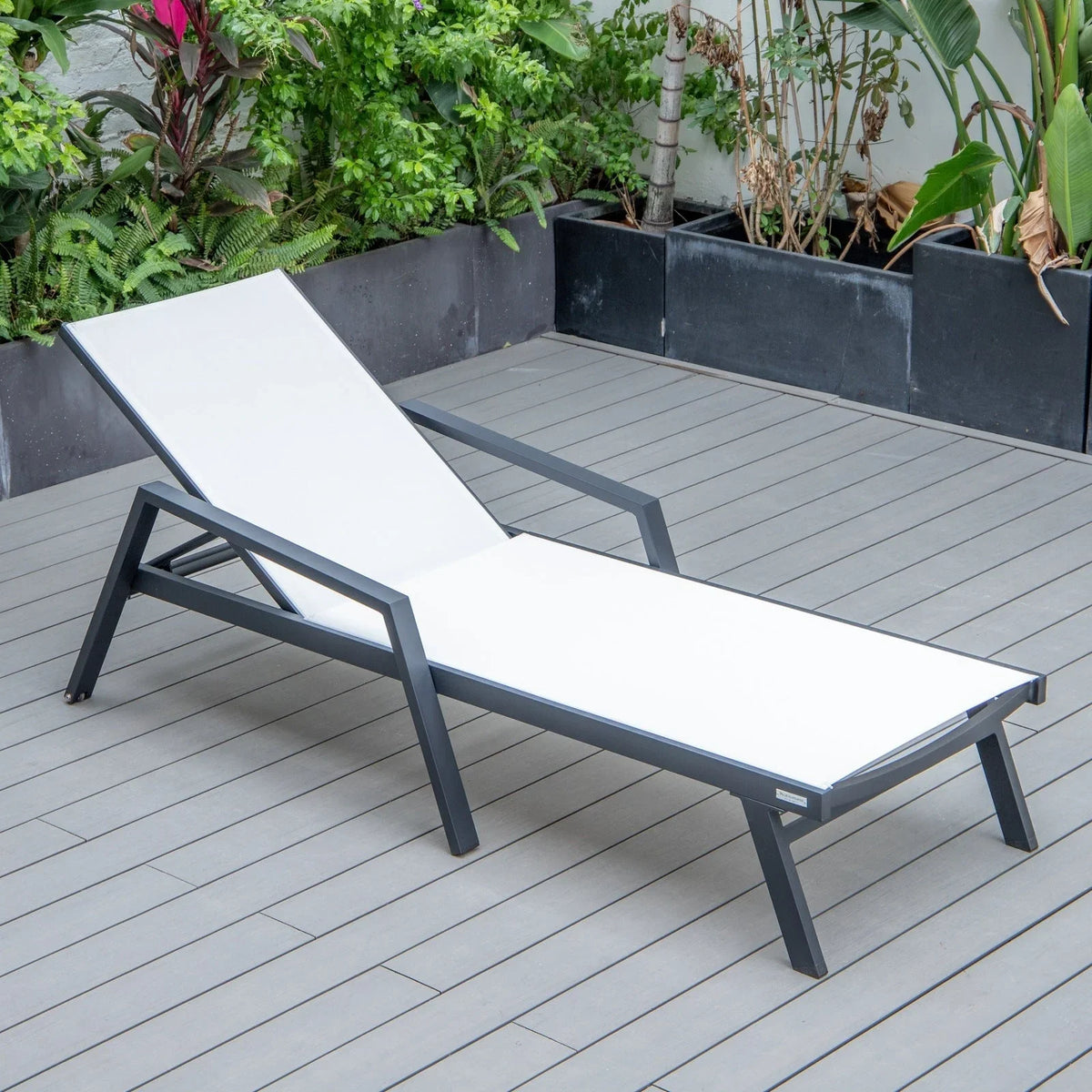 Marlin Modern Black Aluminum Outdoor Chaise Lounge Chair Set of 2 With Arms and Square Fire Pit Side Table for Patio - Elax Furniture
