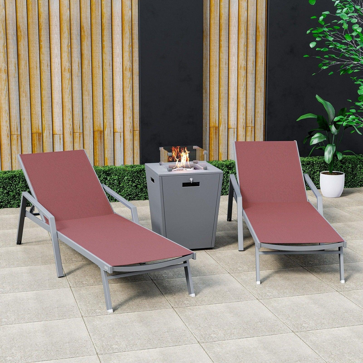Marlin Modern White Aluminum Outdoor Chaise Lounge Chair Set of 2 With Arms And Square Fire Pit Side Table for Patio - Elax Furniture