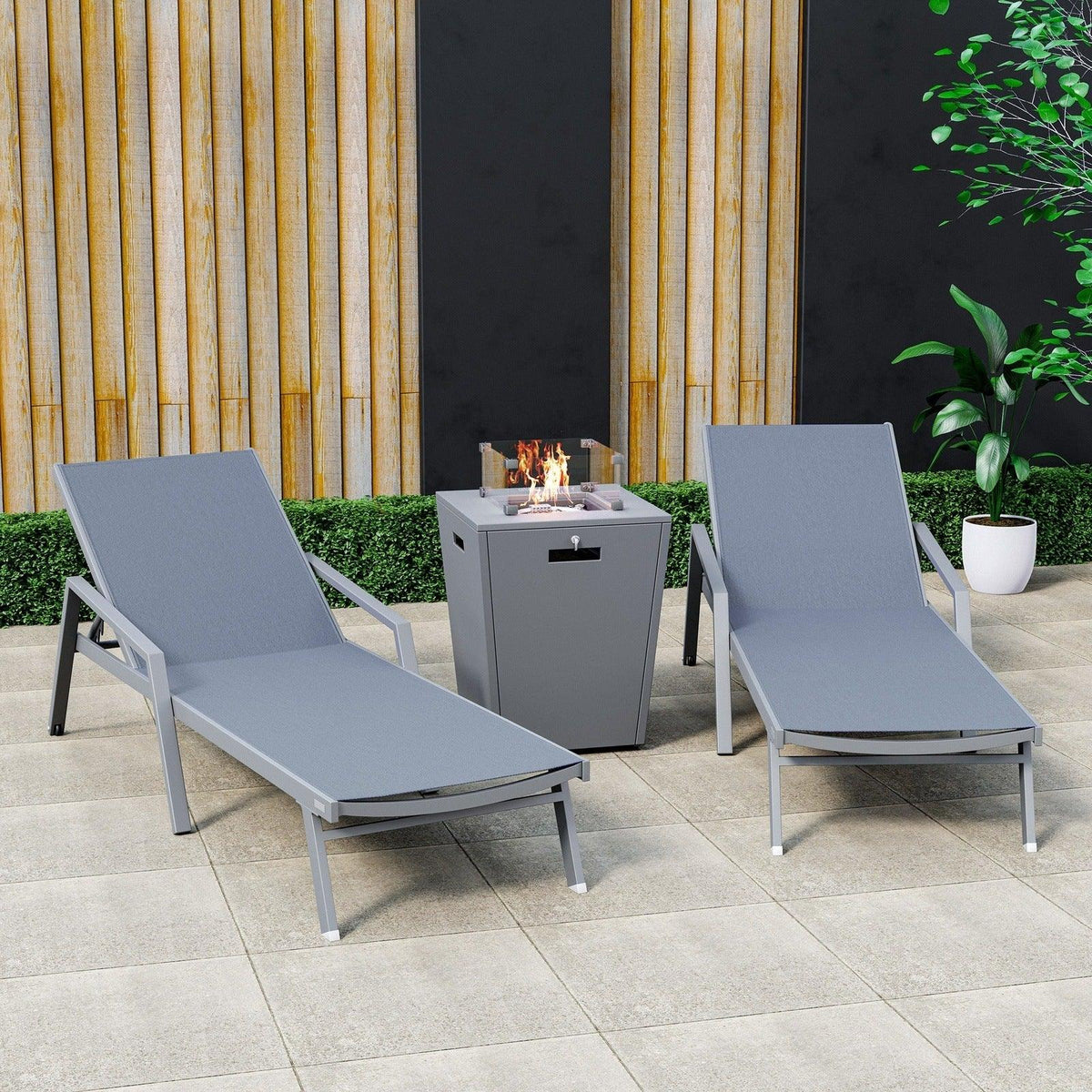 Marlin Modern Grey Aluminum Outdoor Chaise Lounge Chair Set of 2 With Arms and Square Fire Pit Side Table for Patio - Elax Furniture