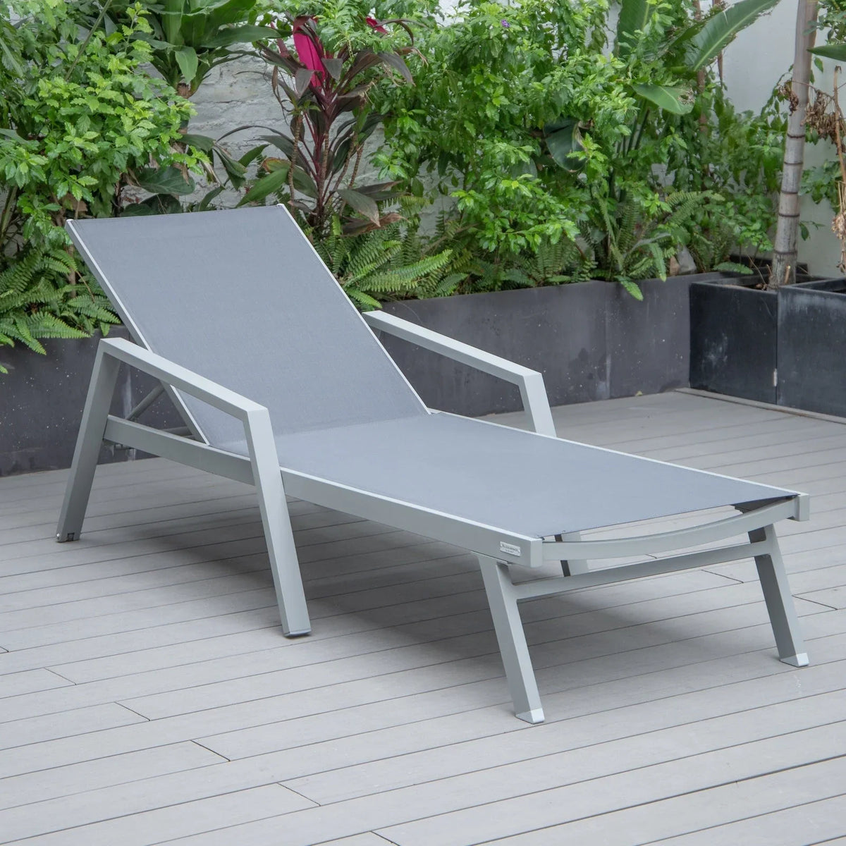 Marlin Modern Grey Aluminum Outdoor Chaise Lounge Chair Set of 2 With Arms and Square Fire Pit Side Table for Patio - Elax Furniture