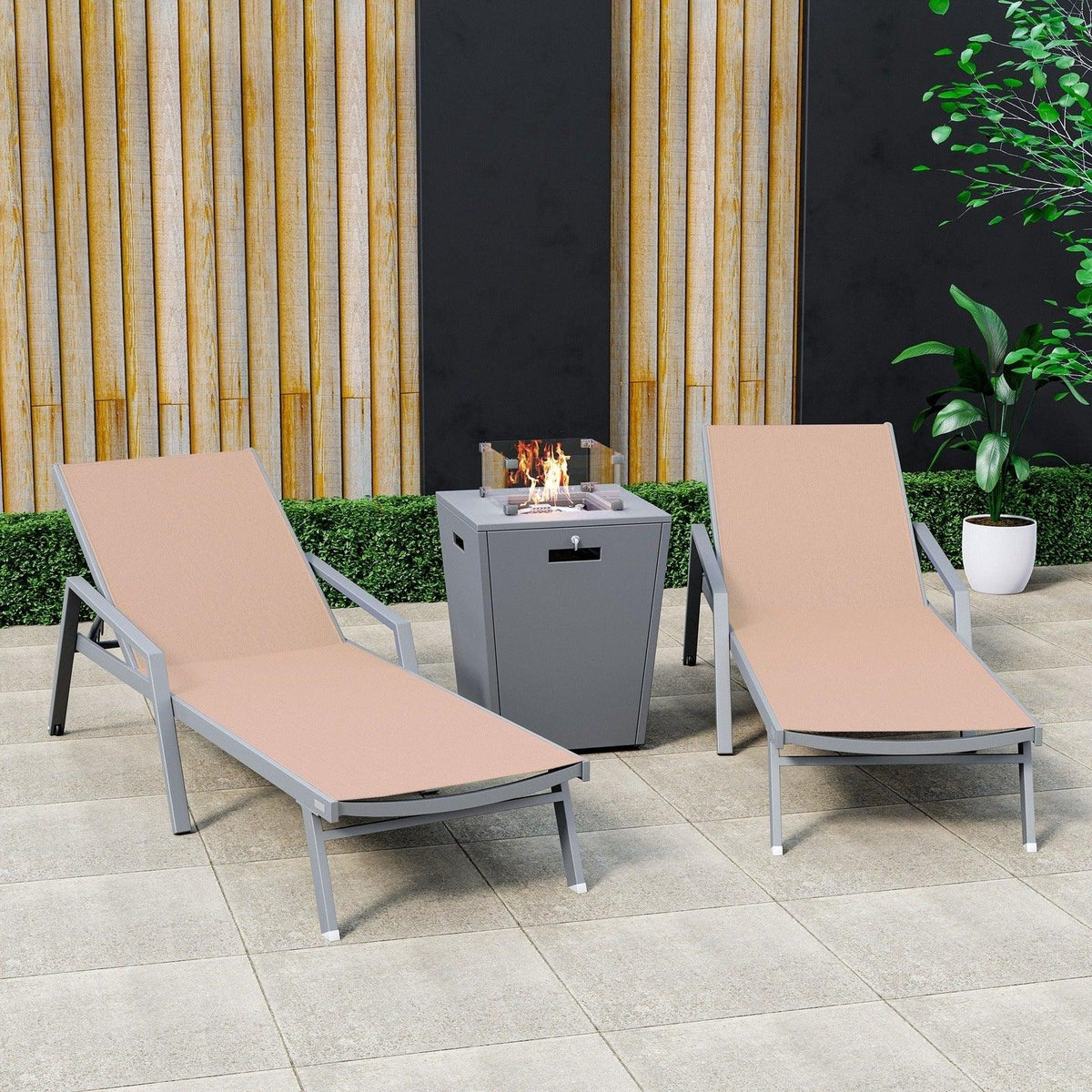 Marlin Modern White Aluminum Outdoor Chaise Lounge Chair Set of 2 With Arms And Square Fire Pit Side Table for Patio - Elax Furniture