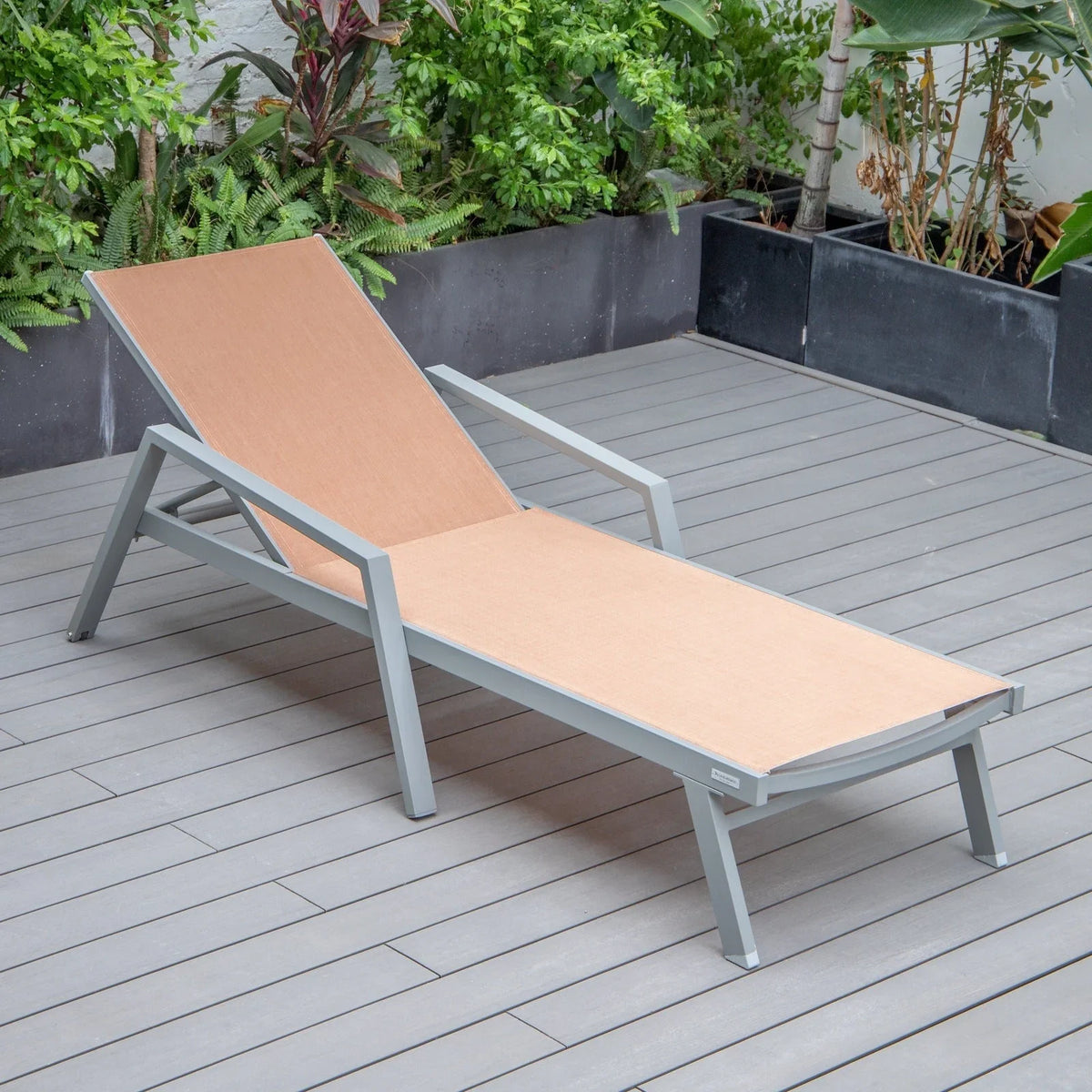 Marlin Modern Grey Aluminum Outdoor Chaise Lounge Chair Set of 2 With Arms and Square Fire Pit Side Table for Patio - Elax Furniture