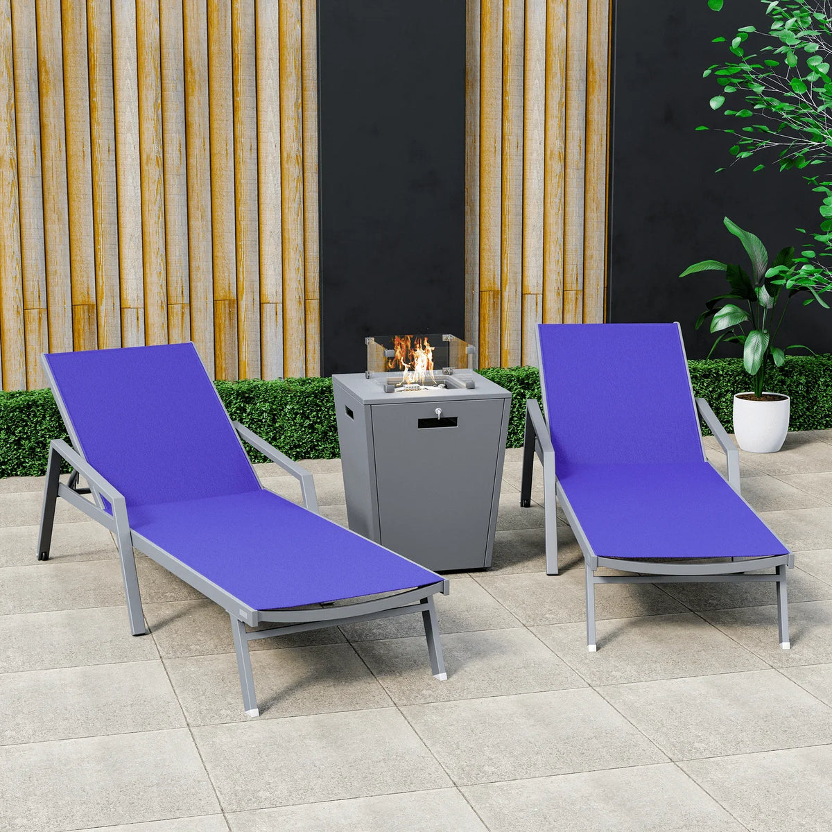 Marlin Modern Grey Aluminum Outdoor Chaise Lounge Chair Set of 2 With Arms and Square Fire Pit Side Table for Patio - Elax Furniture