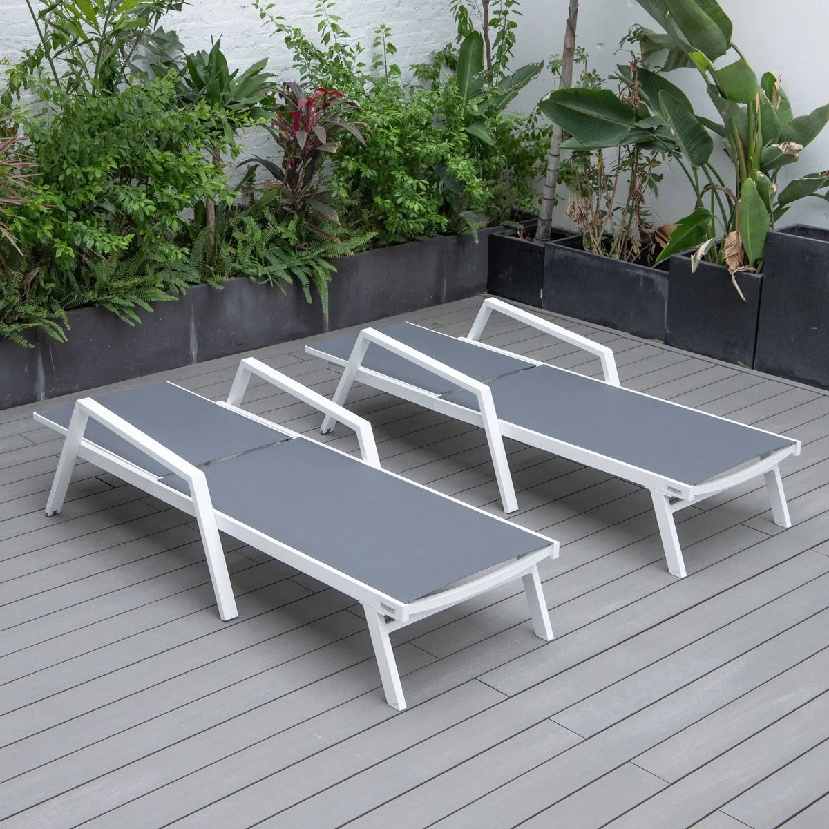 Marlin Patio Chaise Lounge Chair with Armrests in White Aluminum Frame, Set of 2 - Elax Furniture