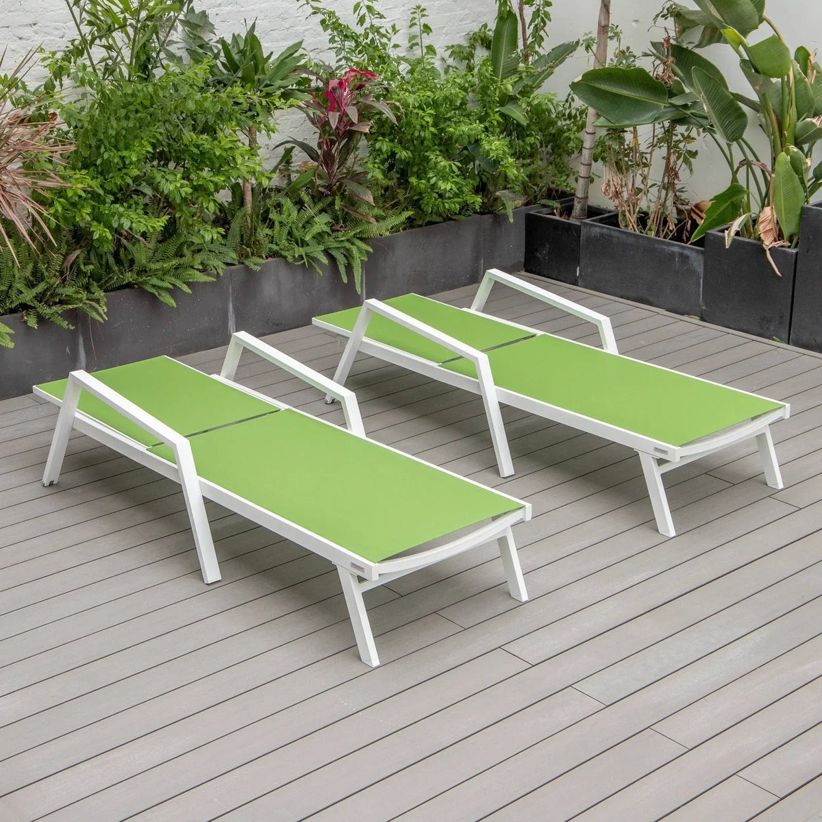 Marlin Patio Chaise Lounge Chair with Armrests in White Aluminum Frame, Set of 2 - Elax Furniture