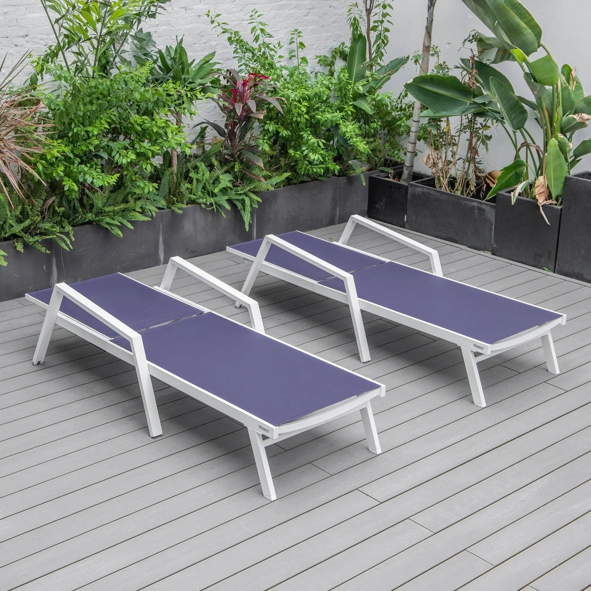 Marlin Patio Chaise Lounge Chair with Armrests in White Aluminum Frame, Set of 2 - Elax Furniture