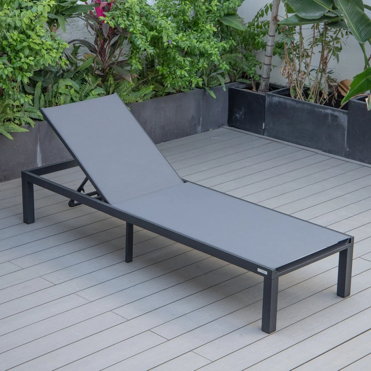 Marlin Modern Black Aluminum Outdoor Chaise Lounge Chair With Square Fire Pit Side Table Set of 2 - Elax Furniture