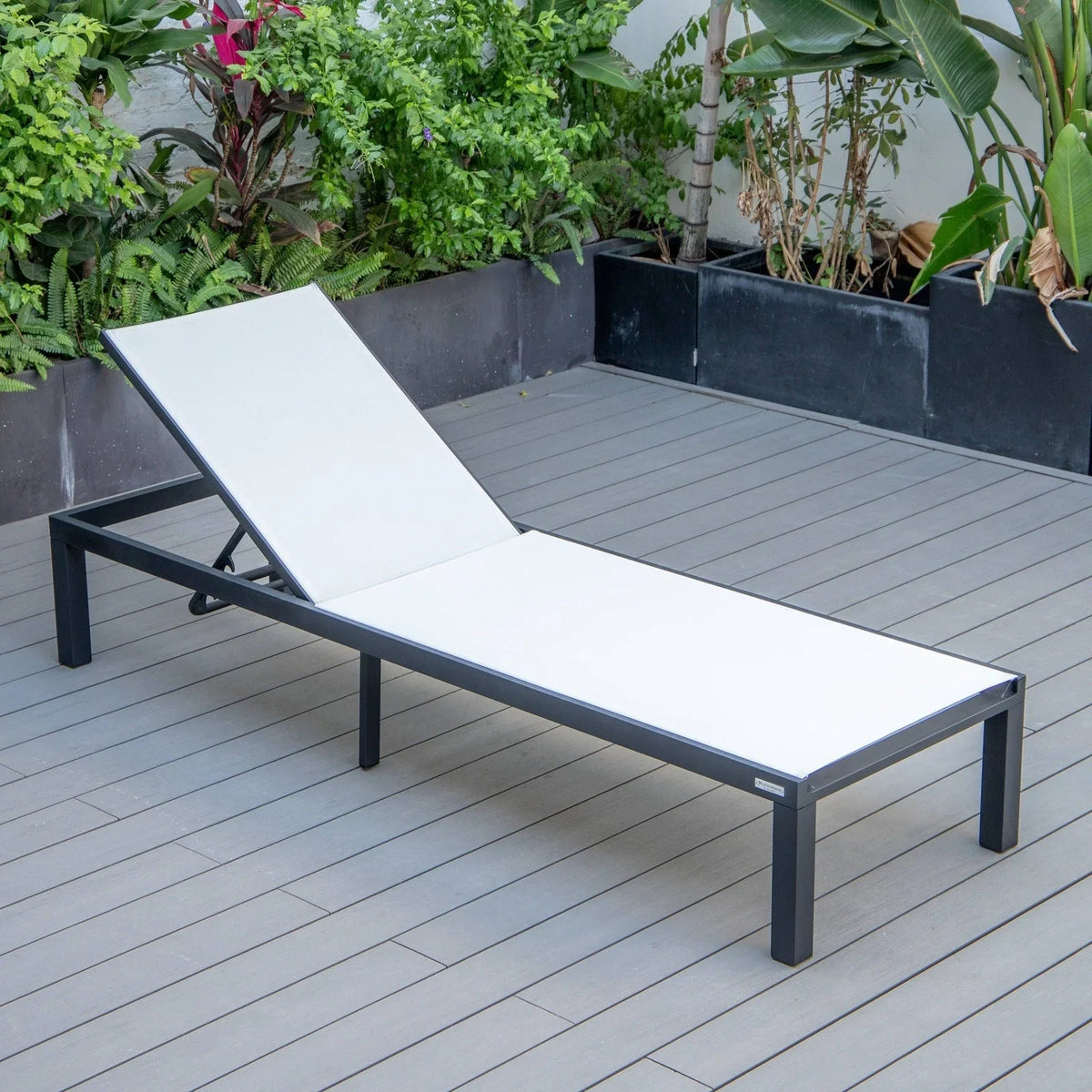 Marlin Modern Black Aluminum Outdoor Chaise Lounge Chair With Square Fire Pit Side Table Set of 2 - Elax Furniture