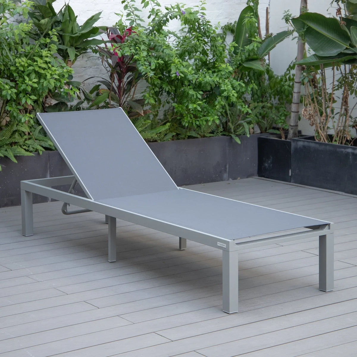 Marlin Modern Gray Aluminum Outdoor Chaise Lounge Chair With Square Fire Pit Side Table Set of 2 - Elax Furniture