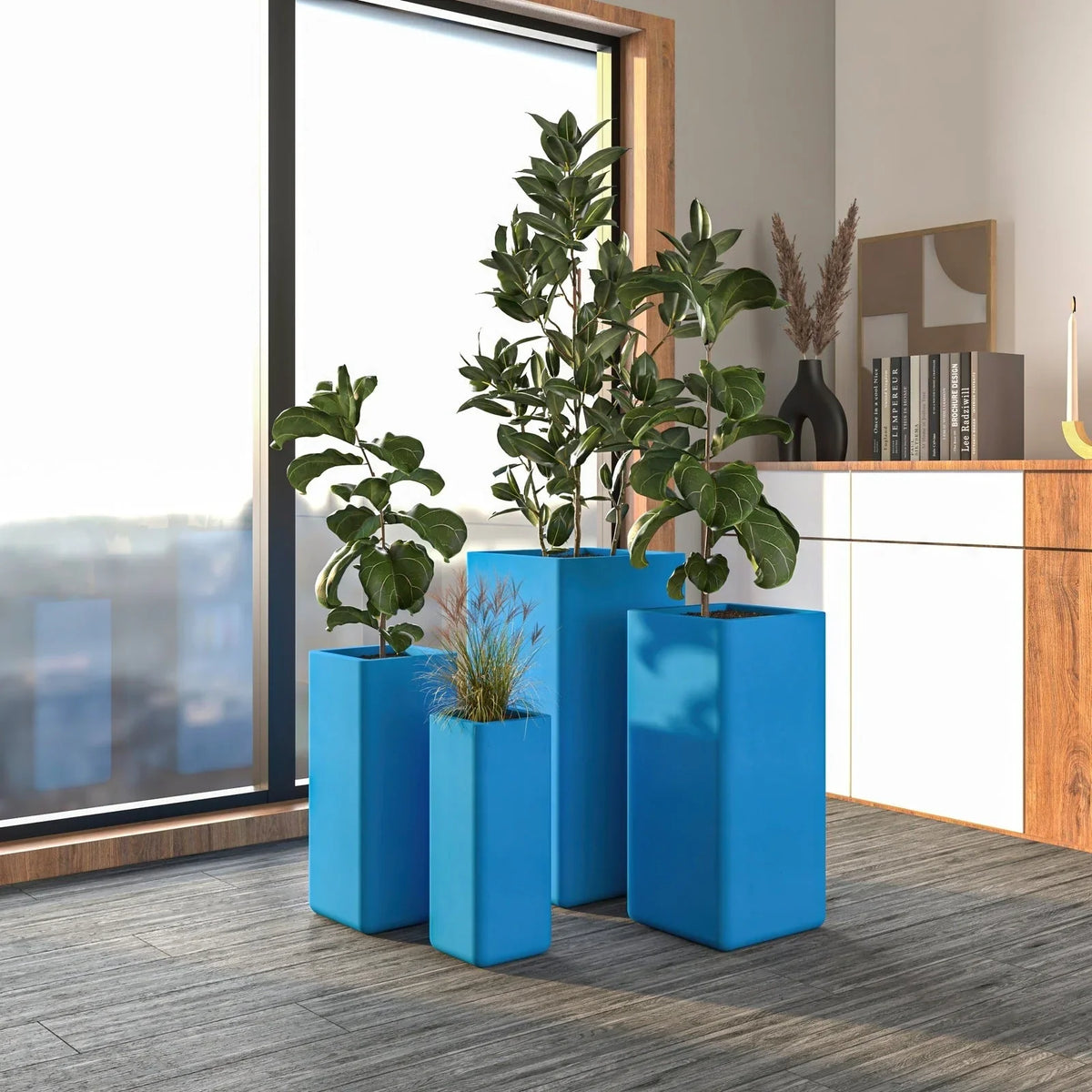 Marquee 4-Piece Fiberstone and MGO Clay Planter Set, Mid-Century Modern Square Planter Pot for Indoor and Outdoor Home - Elax Furniture