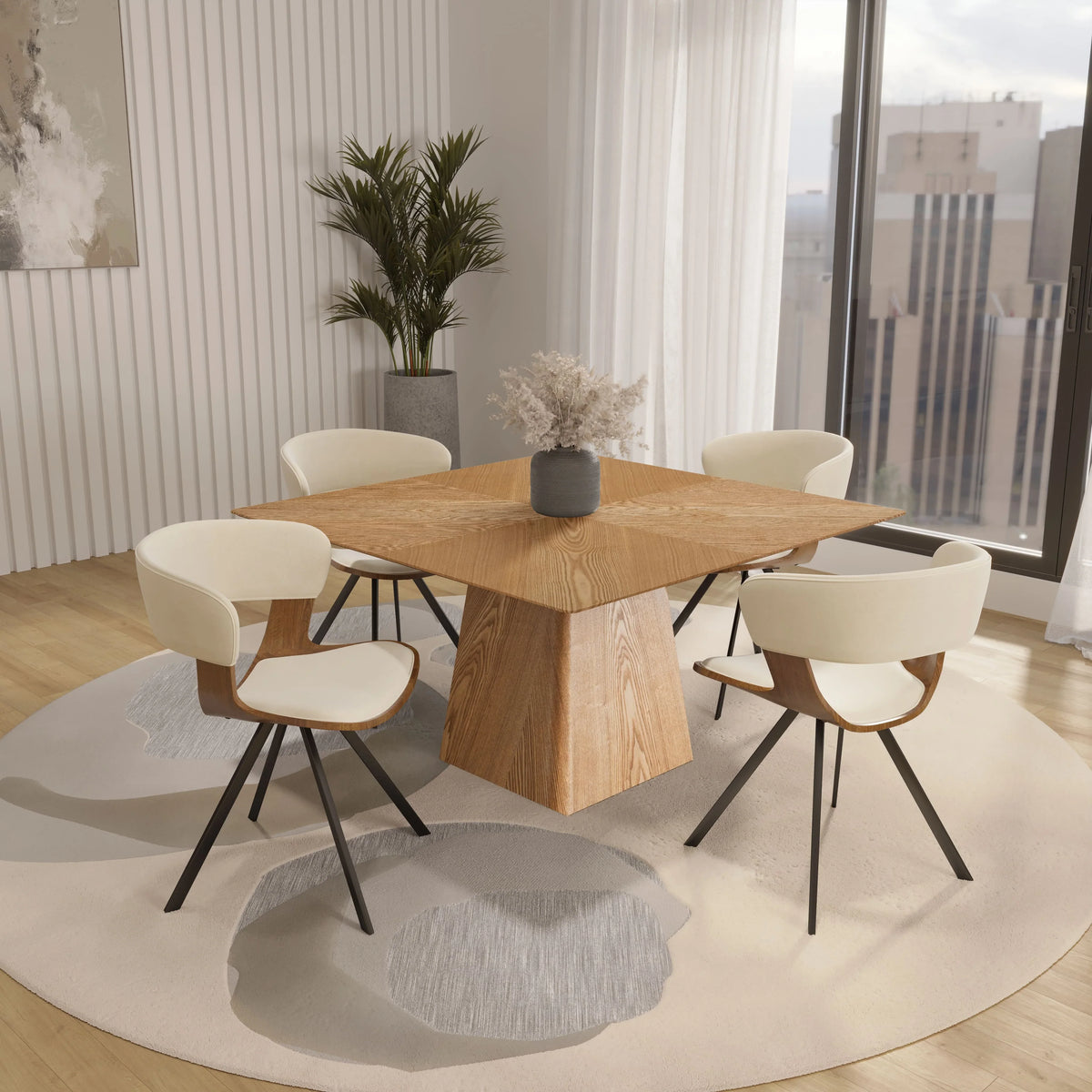 Zephry 5-Piece Dining Set with Square Wooden Table in Natural Wood and 4 Leather Dining Chairs - Elax Furniture