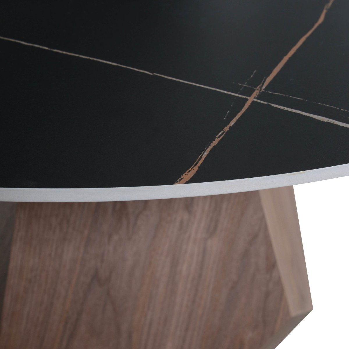 Nebo Modern Dining Table in Walnut Base with Glass/Sintered Stone Table Top Black Stone Dining Table Leisuremod