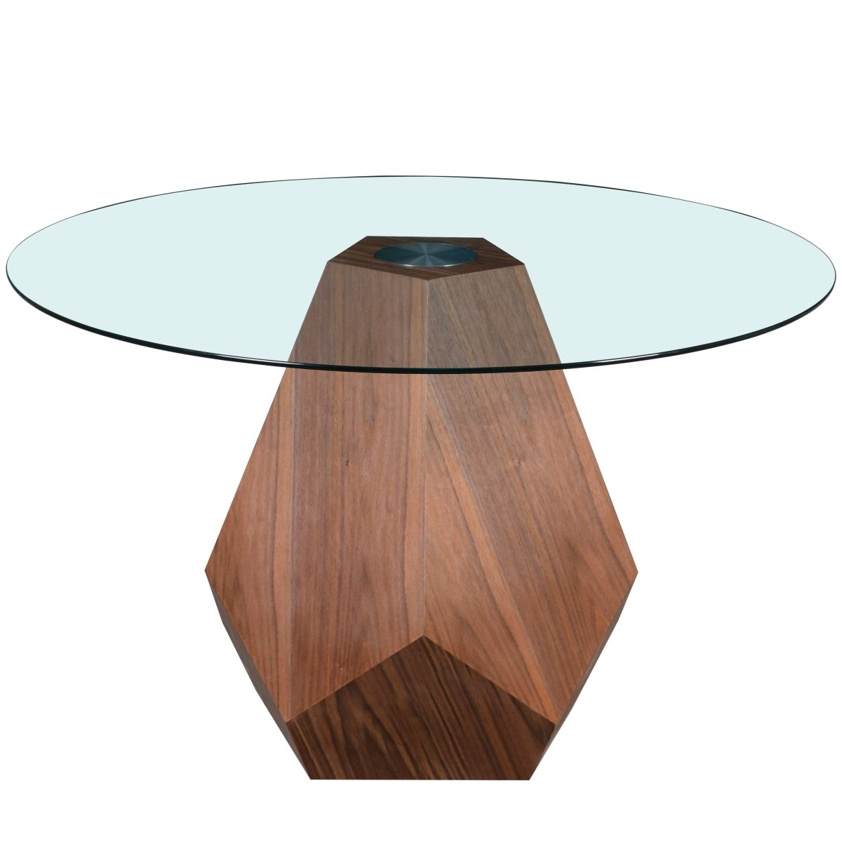 Nebo Modern Dining Table in Walnut Base with Glass/Sintered Stone Table Top Clear Glass Dining Table Leisuremod