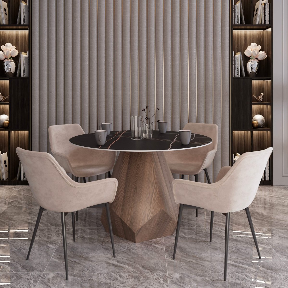 Nebo Modern Dining Table in Walnut Base with Glass/Sintered Stone Table Top Black Stone Dining Table Leisuremod