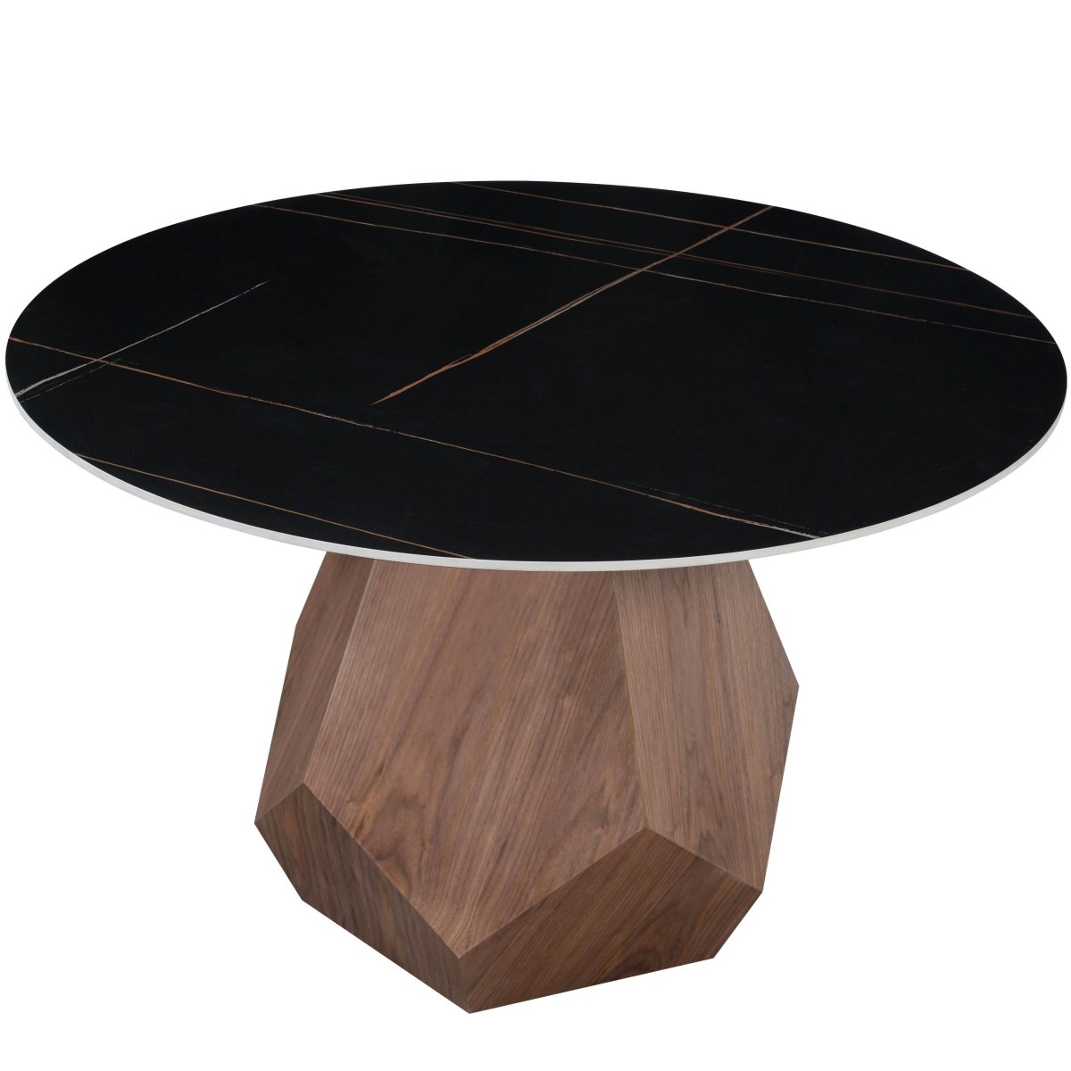 Nebo Modern Dining Table in Walnut Base with Glass/Sintered Stone Table Top Black Stone Dining Table Leisuremod