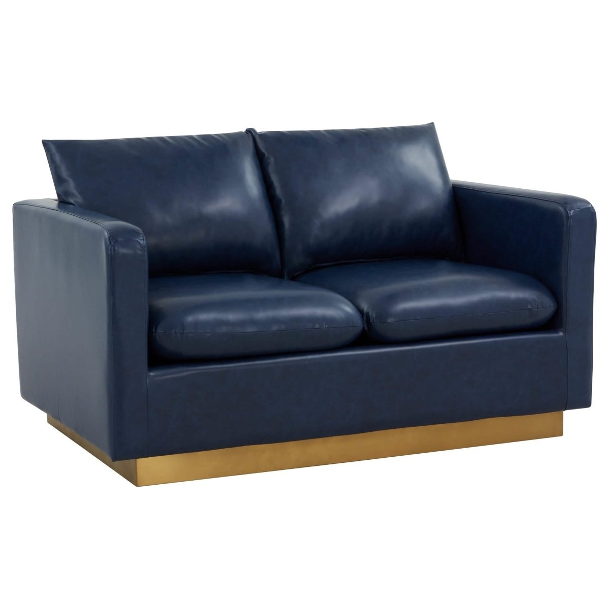 Nervo Upholstered Velvet/Leather Loveseat with Gold Stainless Steel Base Leather Navy Blue Sofa Leisuremod